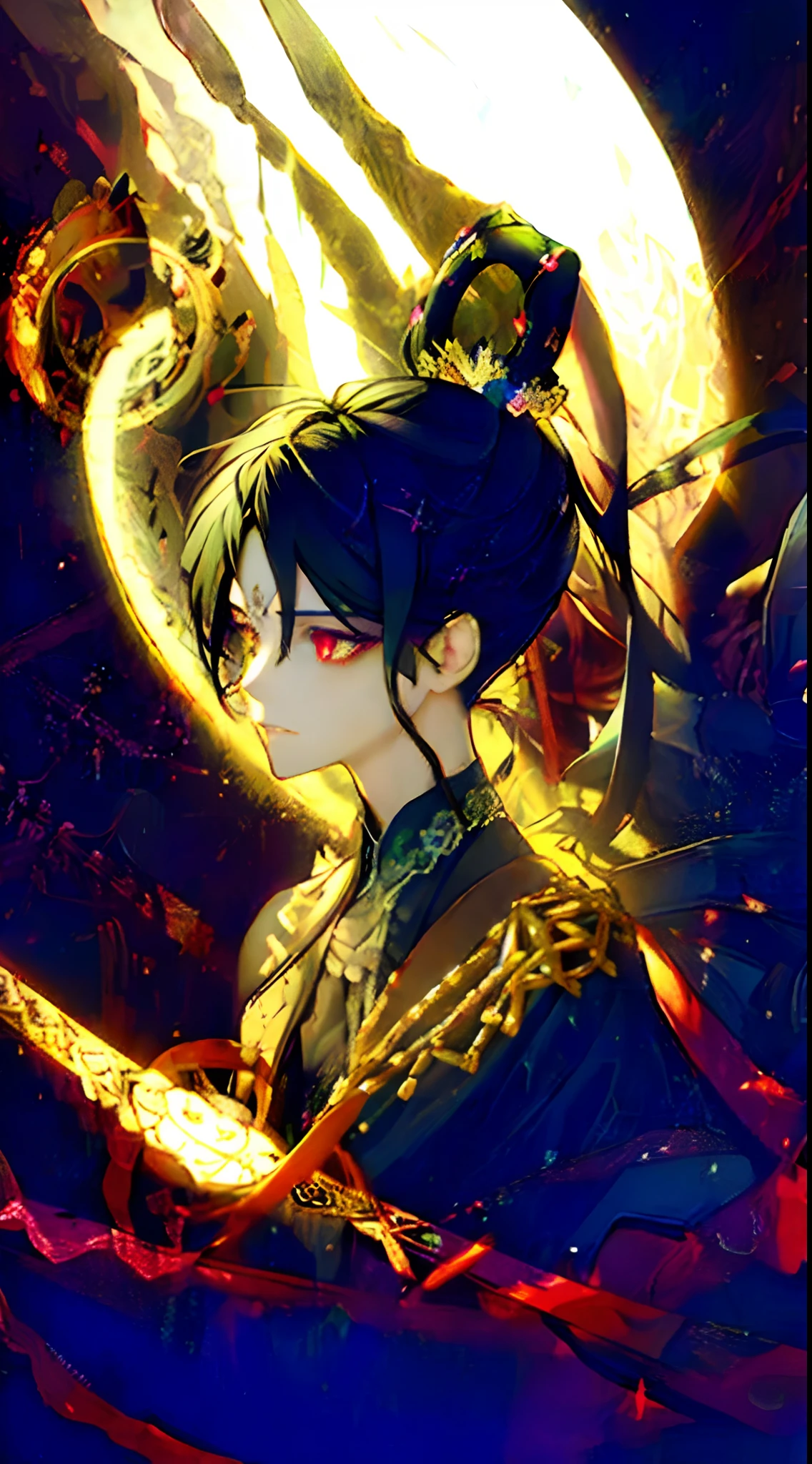 (Masterpiece, Best quality, Ultra-detailed, Best shadow), (Detailed background,Dark fantasy), (Beautiful detailed face), High contrast, (Best illumination, An extremely delicate and beautiful), ((Cinematic light)), Colorful, Hyper-detailing, Dramaticlight, Intricate details, (1 girl, Solo,Black hair, sharpy face,Low Twin Tails,Red eyes, hair between eye,Dynamic Angle), blood spatter, swirling black light around character, Depth of field,Black light particles,(Broken glass),Magical Circle,