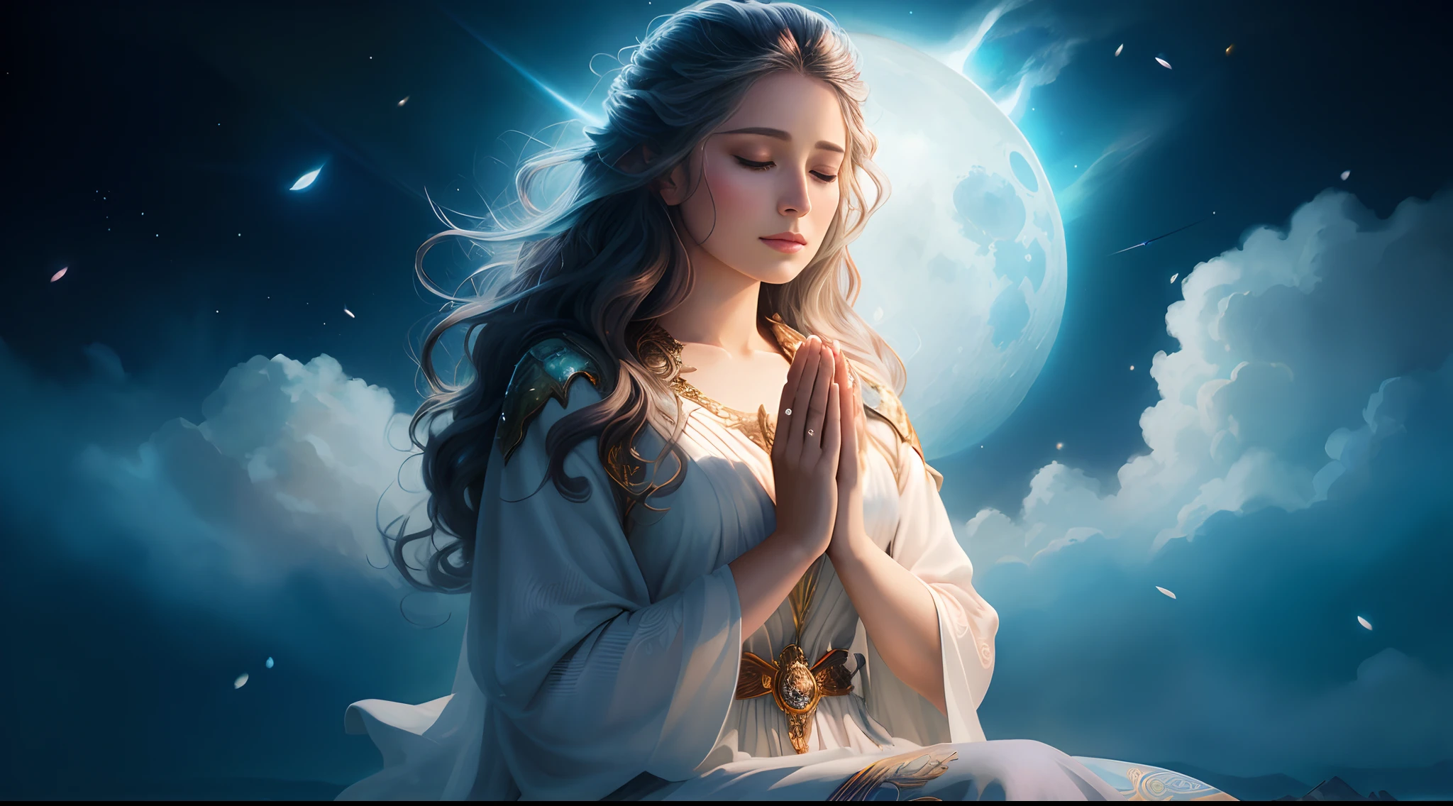 arafed woman sitting on a rock with her hands folded in prayer, graphic artist magali villeneuve, moon goddess, beautiful fantasy art, inspired by Magali Villeneuve, beautiful goddess, magali villeneuve', beautiful fantasy art portrait, neoartcore and charlie bowater, high quality fantasy art, very beautiful fantasy art, elven angel meditating in space