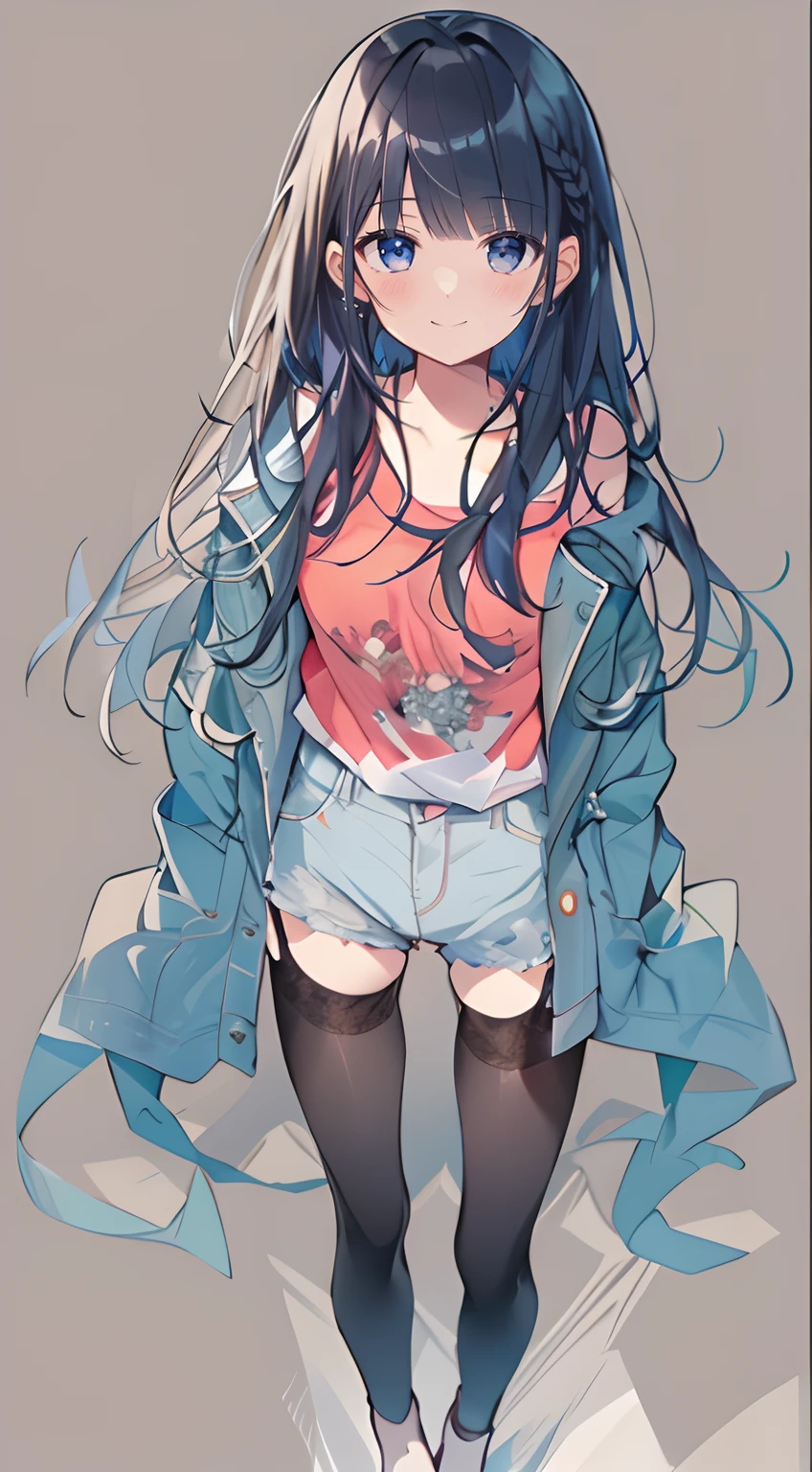 (incredibly absurdres absolutely resolution:1.5)、top-quality、masuter piece、超A high resolution、8K、suns、(Oversized denim jacket、print t-shirt、Underpants)、A touch of shoujo manga、Shoujo Mangacore、(((Medium Short-Cut Hair)))、(((short braiding)))、Soft drawing、Beautiful black hair、Clear eyes、((Gentle smile))、Ultra-detailed digital anime art、Clear face depiction、Super detailed shoujo manga character art、Clear facial features、Manga style、Top quality colors、Angles that can be seen up to your feet、Entangle、Beautiful and aesthetic:1.3、High quality:1.3