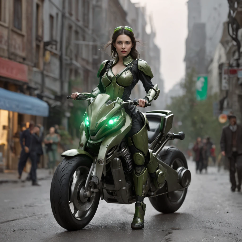 (Renderizado 3D profesional:1.3) de (realista:1.3) Highest image quality, outstanding details, ultra-high resolution, (realism: 1.4), the best illustration, favor details, highly condensed 1girl, with a delicate and beautiful face, dressed in a black and green mecha, wearing a mecha helmet, holding a directional controller, riding on a motorcycle, the background is a high-tech lighting scene of the future city., Pintura digital, Renderizado por Octane, Estaciones de arte, Concepto-Arte, Suave, foco nítido, 插圖, Arte Germen, (loish:0.23), WLOP Ilya Kuvshinov, y Greg Rutkowski y Alphonse Mucha gracias, (global ilumination, Luz de estudio, Light Volumetric), fuertes lluvias, particles floating, LotR, fantasy, Once, cuerpo completosbian, ((Fondo oscuro y antiguo de la ciudad:1.3)),CGSesociety,Estaciones de arte