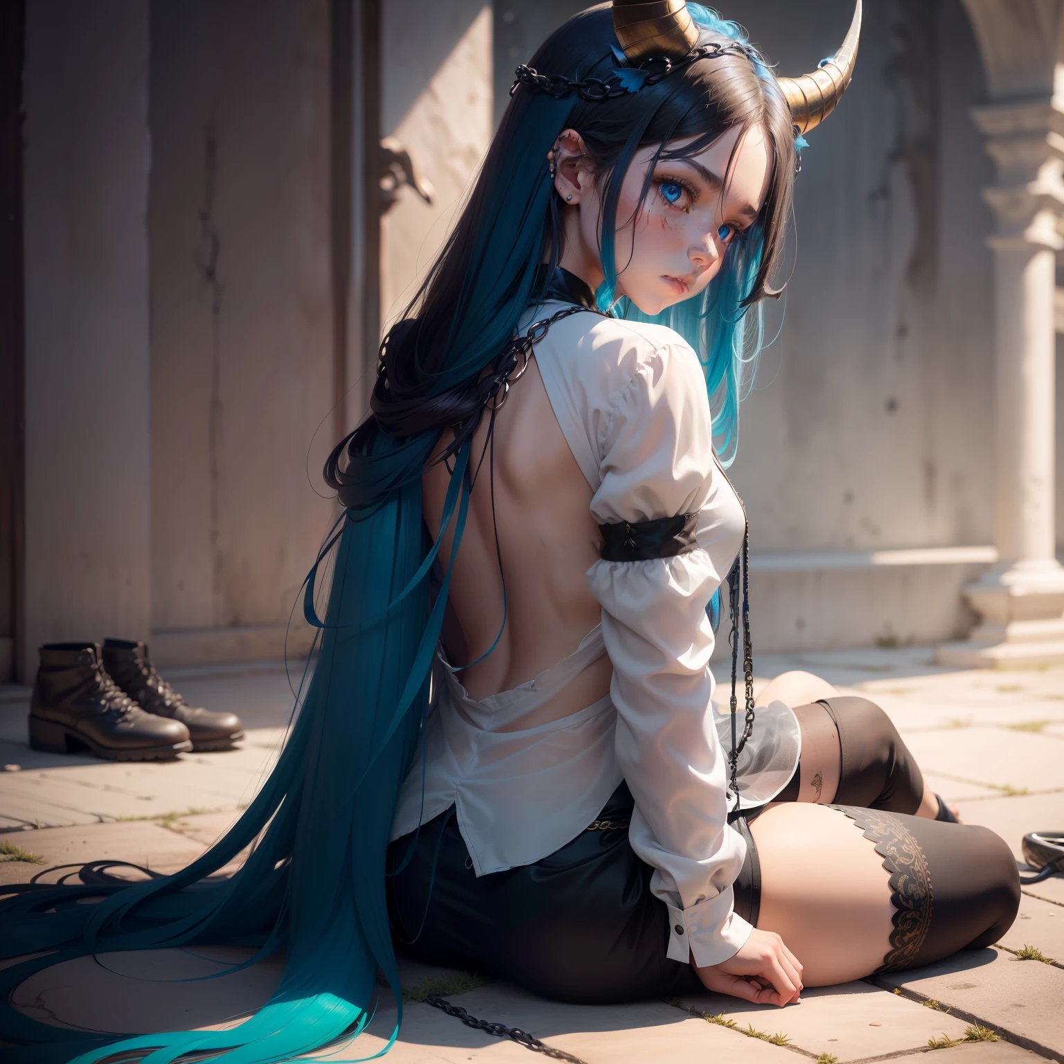 The girl has dragon horns on her head,The back has black broken feathers, Wear a transparent white shirt,Chain around the neck,kneeling to sitting on the ground,He has several scars on his body,The hair is long brown with blue eyes,Expose your feet