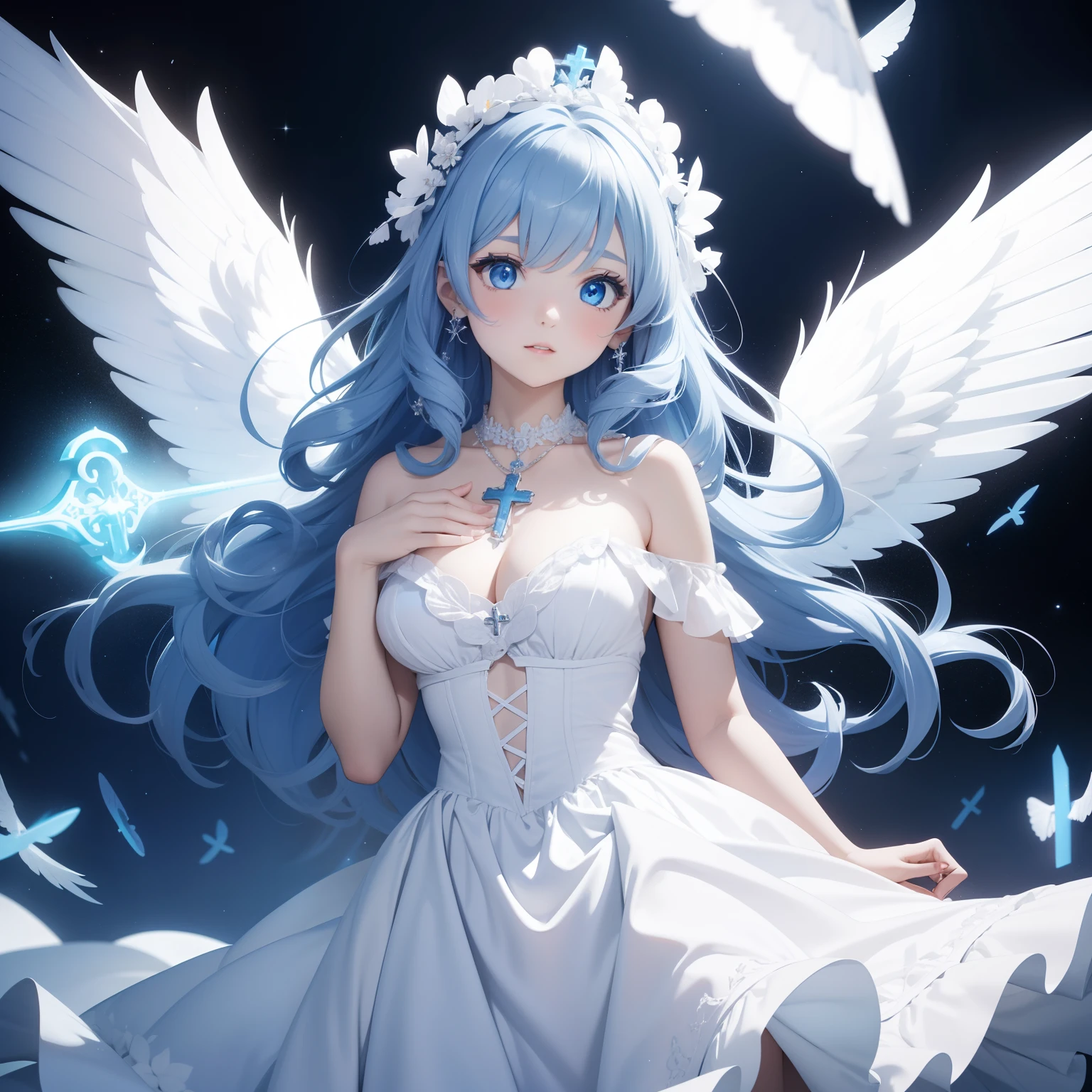 girl with large blue eyes, wearing a beautiful white dress, her hair cascading in curls, adorned with a large cross necklace, and sporting white wings, set against a black background, while embarking on an adventure in a magical world.