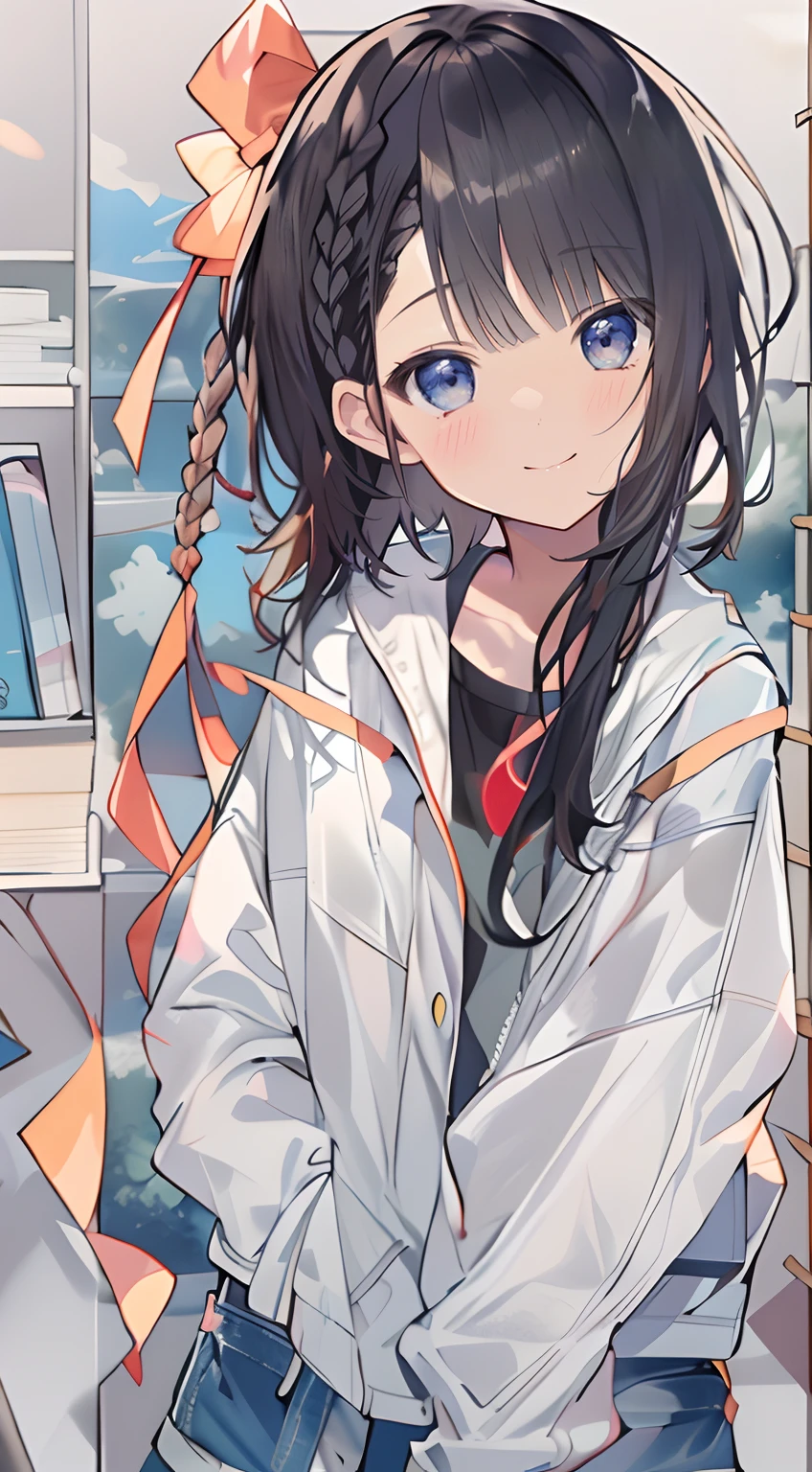 (incredibly absurdres absolutely resolution:1.5)、top-quality、masuter piece、超A high resolution、8K、suns、(Oversized denim jacket、print t-shirt、Underpants)、A touch of shoujo manga、Shoujo Mangacore、(((Medium Short-Cut Hair)))、(((short braiding)))、Soft drawing、Beautiful black hair、Clear eyes、((Gentle smile))、Ultra-detailed digital anime art、Clear face depiction、Super detailed shoujo manga character art、Clear facial features、Manga style、Top quality colors、Angles that can be seen up to your feet、Entangle、Beautiful and aesthetic:1.3、High quality:1.3