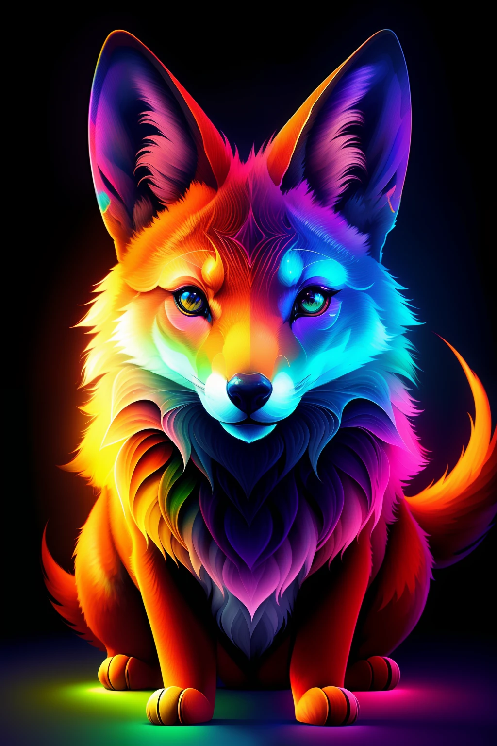 Raposa de cores vivas iriscente com olhos brilhantes e cauda brilhante, ethereal fox, raposa digital iriscente, arte de fantasia digital colorida, arte digital luminescente, Arte digital altamente detalhada em 4k, 8k arte impressionante, Arte bonita UHD 4K, Arte digital detalhada em 4k,