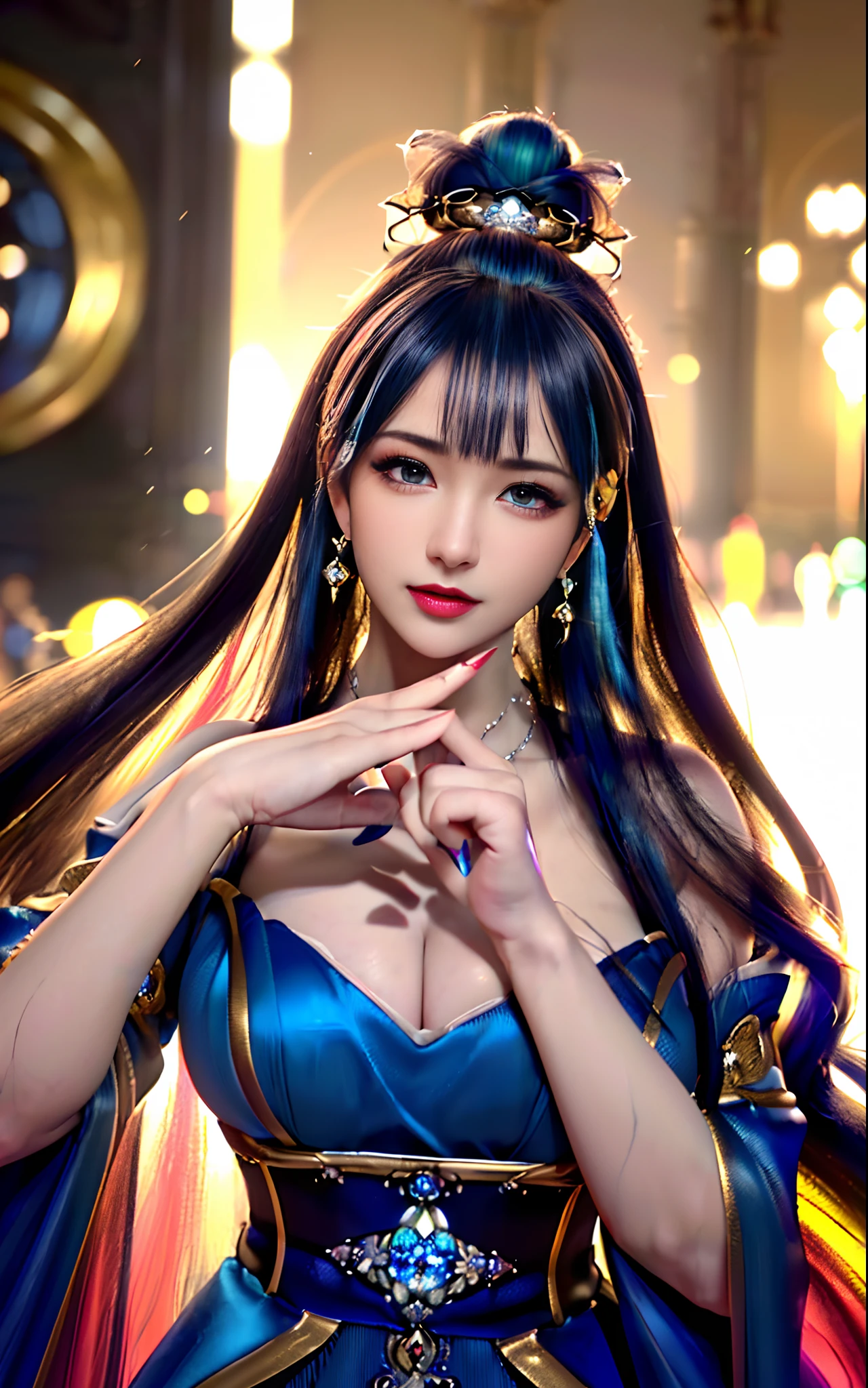 ((realisticity: 1.2)), ((realistic: 8K UHD)), ((best resolution: 8K UHD)), hyper detailed, best quality,masterpiece,highres,cg, ((1 girl hyper detailed and hyper realistic) ) , ((beautiful queen, hyper realistic and hyper detailed)),((white skin, beautiful, smooth, youthful, hyper realistic and hyper detailed )), ((Face hyper beautiful, white, hyper realistic and hyper detailed ) ), long hair, ((hyper realistic and hyper detailed dress)), solo, ((hyper realistic, hyper beautiful, beautiful and hyper detailed jewelry)), ((hyper beautiful deep red and golden yellow dress, hyper realistic and hyper detailed )) , ((Her pretty, hyper realistic, hyper detailed diamond filled earrings)), ((Her gorgeous diamond haircut, hyper realistic and hyper detailed)), ((hyper pretty upper body, hyper beautiful, hyper realistic and hyper detailed) ), ((medium breast: 1.1)), ((hyper realistic, hyper pretty, hyper detailed boobs)), ((the backgroun of the royal palace is hyper majestic, hyper realistic and hyper detailed)),((hands and palms hyper beautiful, hyper detailed, hyper realistic)), ((hyper detailed and hyper realistic fingers and fingernails)), ((hyper pretty fingernails, hyper vivid, hyper detailed, hyper realistic)), ((thumb, index finger, middle finger, ring finger, little finger hyper vivid, hyper pretty, hyper detailed, hyper realistic)),  
((hyper beautiful fingers, hyper detailed, and hyper realistic)), ((posture not too fat and not too thin, hyper realistic, hyper detail)), ((hyper pretty, hyper pretty, hyper realistic and hyper detailed hair bun)), ((hyper pretty , hyper realistic and hyper detailed blue hair)), candid, Photo, high resolution, 8k , bokeh,