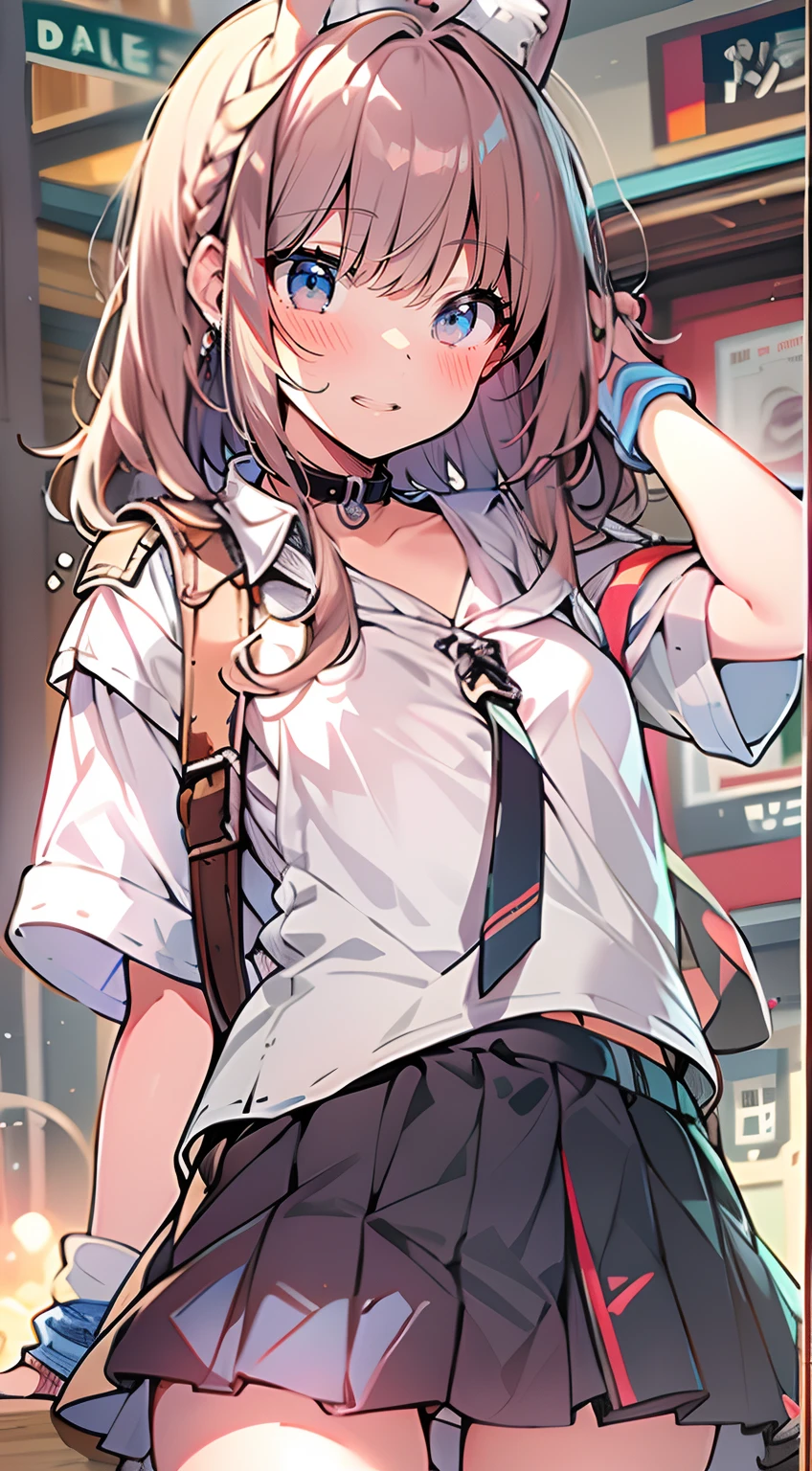 (top-quality、32K image quality、masterpiece、nffsw:1.2)、a cute loli、Medium short hair、short braiding、beauitful face、Ultra-detailed details、(Slouched:1.3)、at the sunset、crouching down、(From above:1.3)、(a closeup:1.4)、small curvy loli、((You can see the chest))、Bust Up Perspective、Loose baggy big shirt、outside of house、the wind、shinny skin、blurry backround