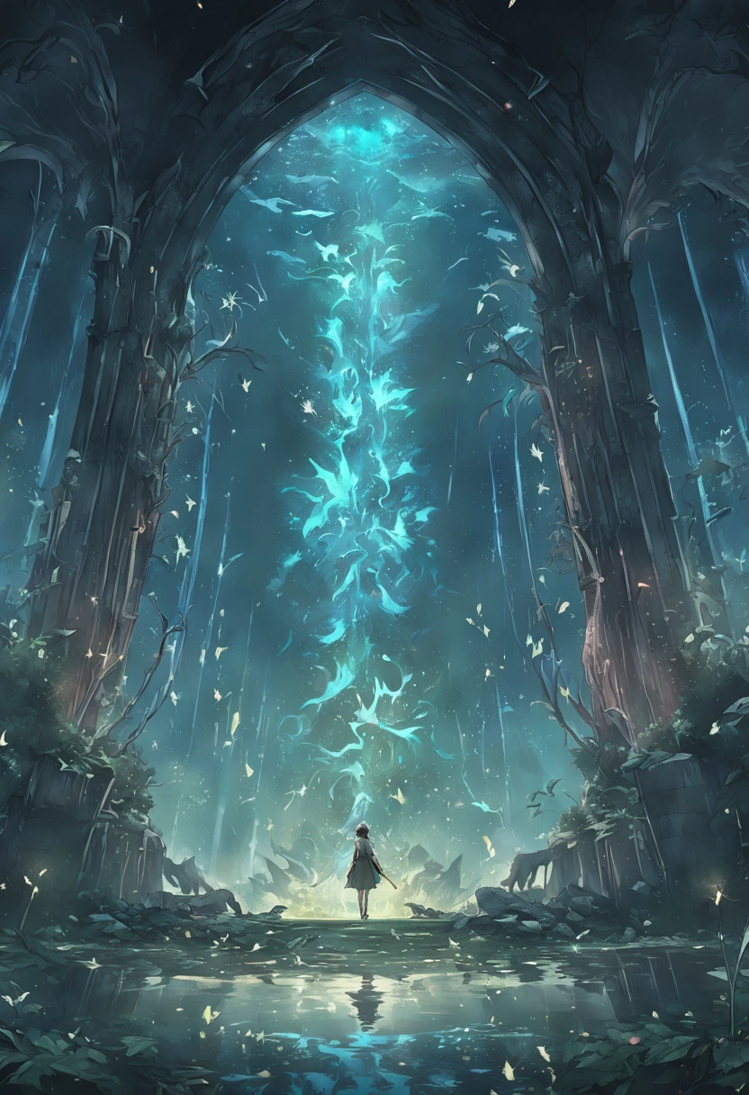 (Light magic:1.2), (Grim:1.1) forest, springtime, (Intricate details), A mirror-like lake,(ultra - detailed), 8k hdr, high detal, A lot of detail, High quality,Tyndall effect, (Colored:1.3)