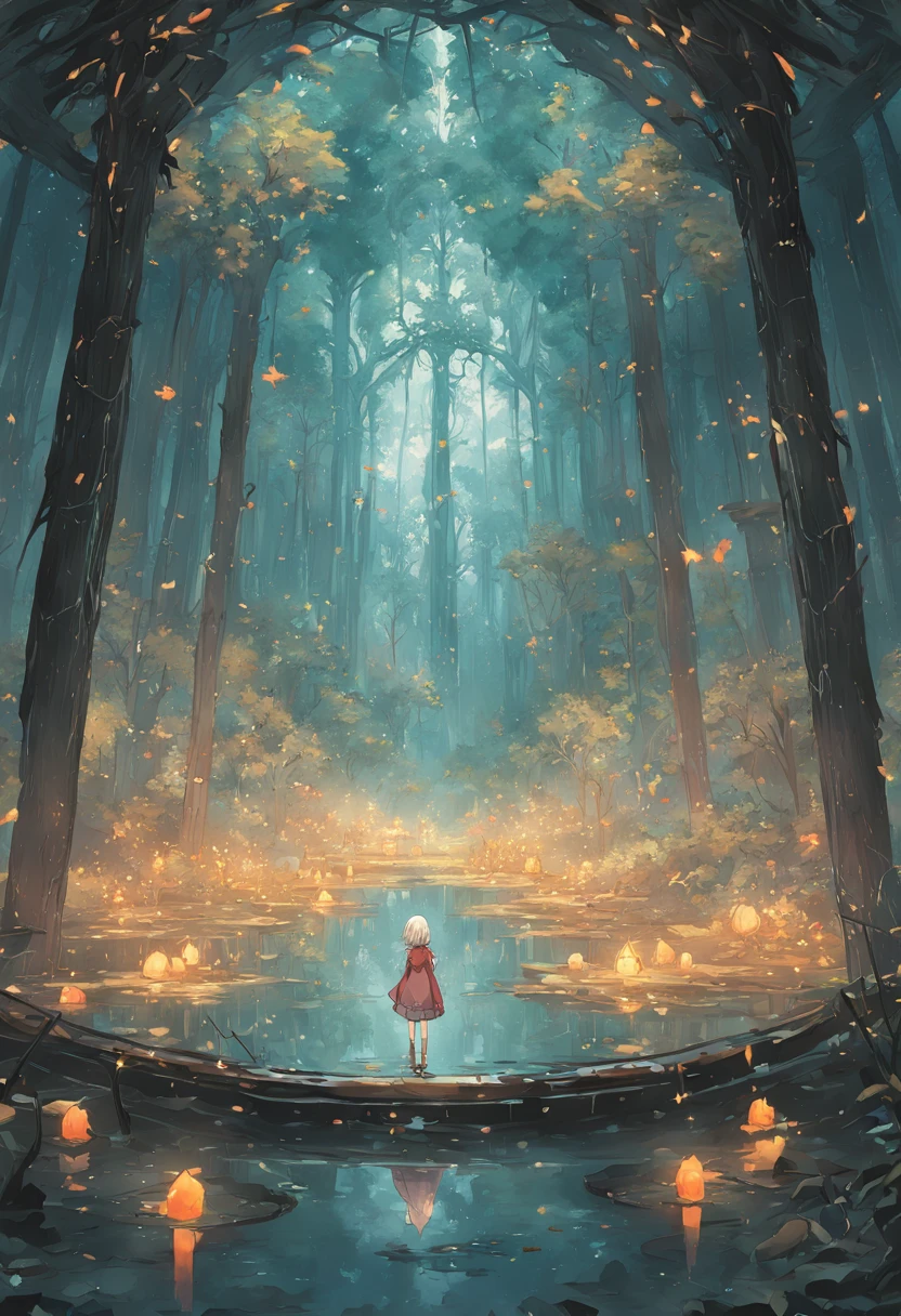 (Light magic:1.2), (Grim:1.1) forest, springtime, (Intricate details), A mirror-like lake,(ultra - detailed), 8k hdr, high detal, A lot of detail, High quality,Tyndall effect, (Colored:1.3)