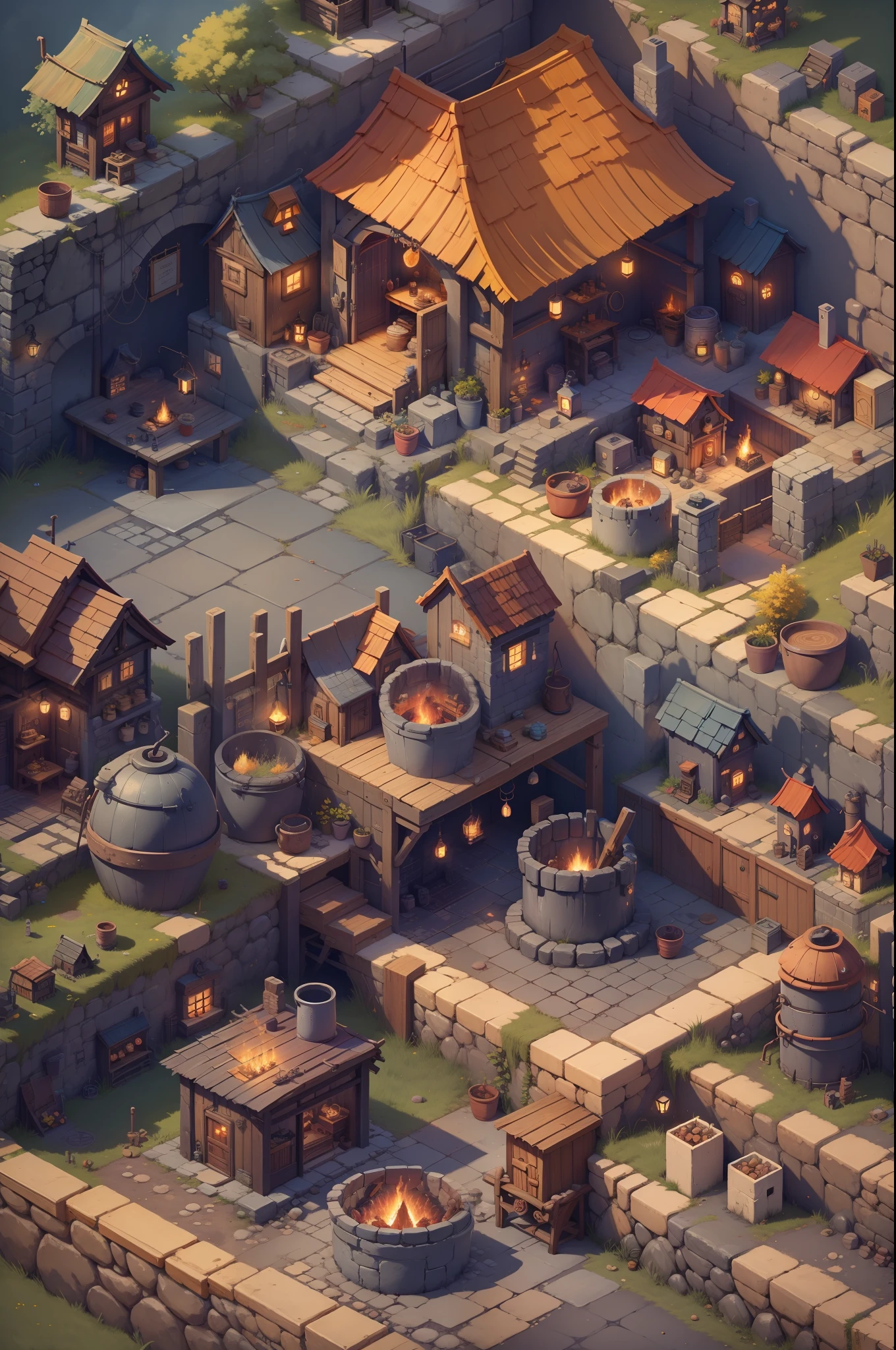 Pixel game scenes，Isometric architecture，Blacksmith shop，