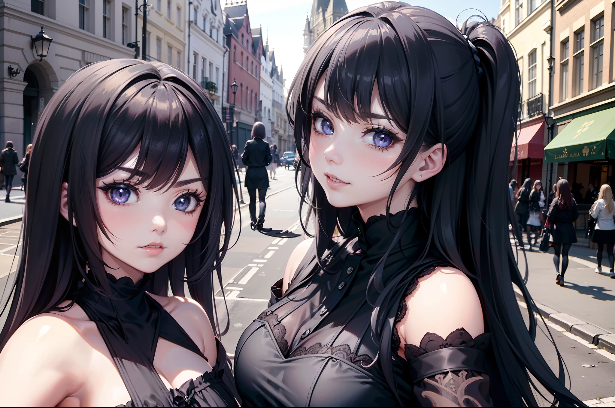 (obra maestra) (La mejor calidad) A selfie of several gothic-looking kawaii women on a London street. are young, alegre y me encanta hacer bromas en las fotos.