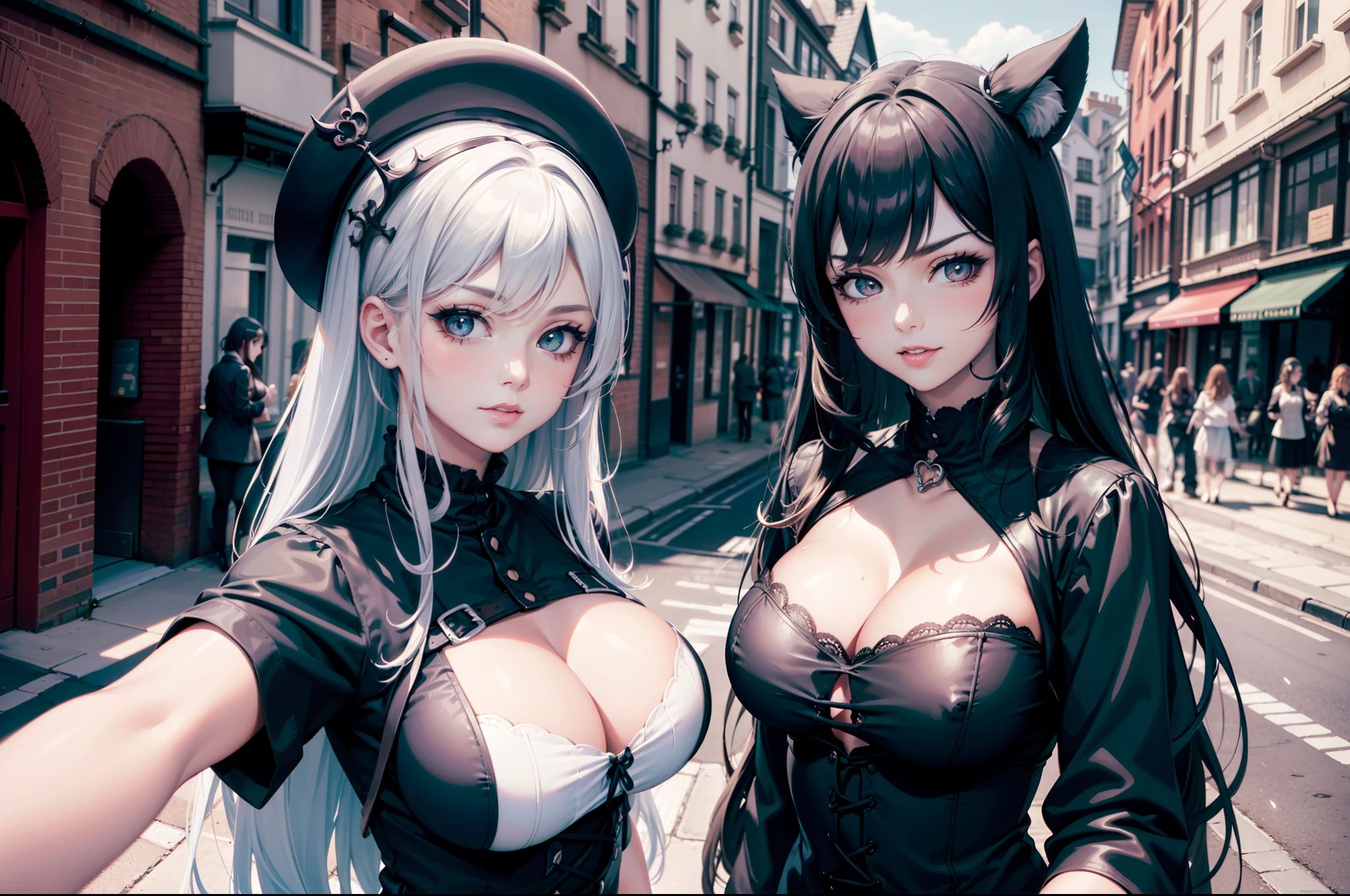 (obra maestra) (La mejor calidad) A selfie of several gothic-looking kawaii women on a London street. are young, alegre y me encanta hacer bromas en las fotos.