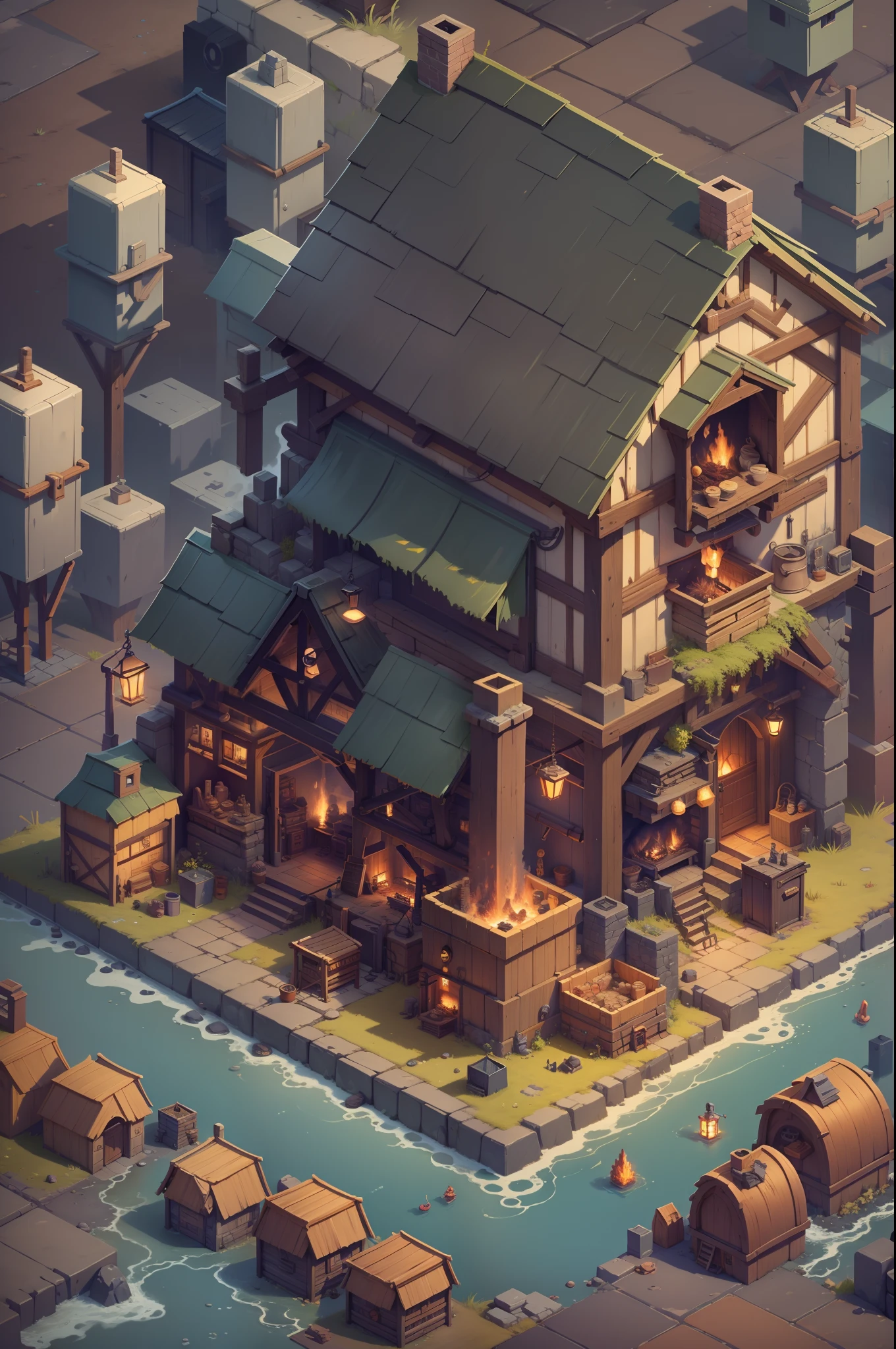 Pixel game scenes，Isometric architecture，Blacksmith shop，