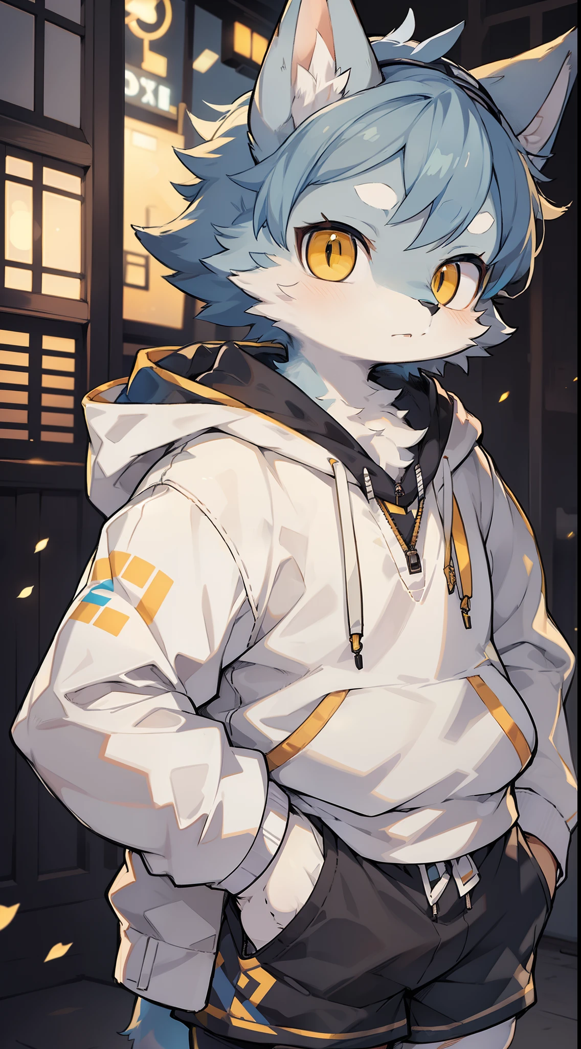Shota,Furry,Cute,Lovely,Blue fur,White ears,White eyebrows,Yellow eyes,Slightly chubby figure,Yellow hoodie,Gray shorts,warm lights,Daytime