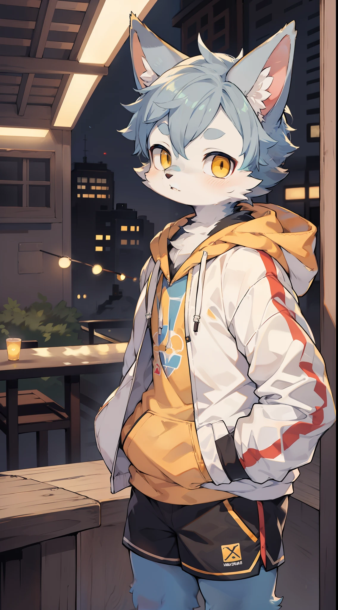 Shota,Furry,Cute,Lovely,Blue fur,White ears,White eyebrows,Yellow eyes,Slightly chubby figure,Yellow hoodie,Gray shorts,warm lights,Daytime