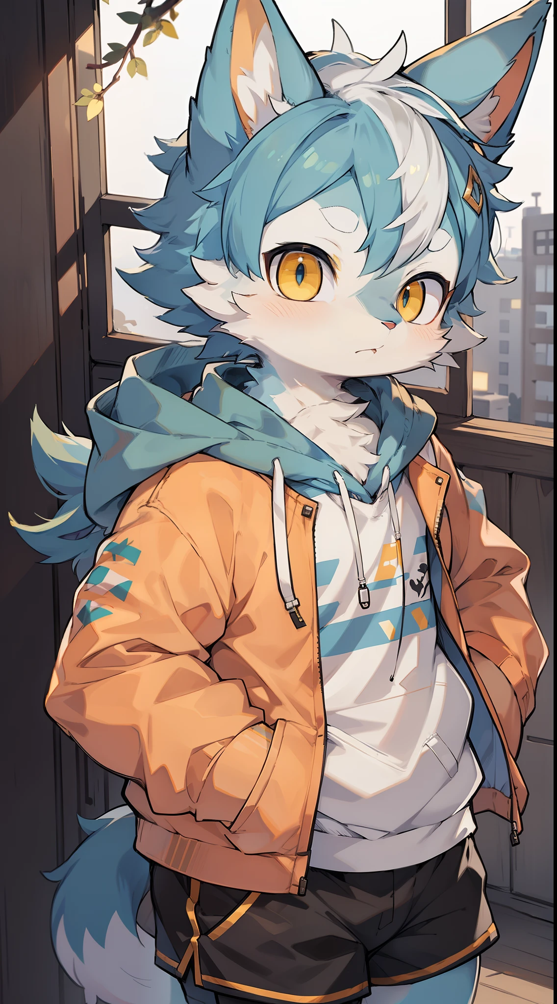 Shota,Furry,Cute,Lovely,Blue fur,White ears,White eyebrows,Yellow eyes,Slightly chubby figure,Yellow hoodie,Gray shorts,warm lights,Daytime