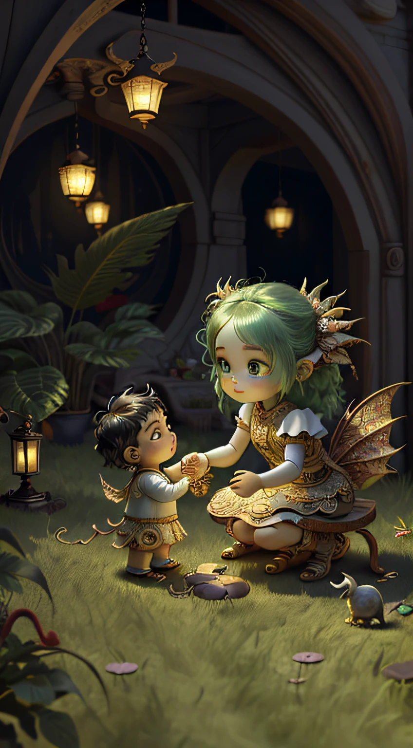 (top-quality:1.4)、(masterpiece:1.2)、detaileds、Convoluted、hight resolution、Irridescent color、 Fused the best aspects of the monster's human form with the innocent charm of a precocious 、Fascinating and fascinating creatures in otherworldly shapes、Scale、wingspan、Green grass、Textured、Convoluted、a gorgeous、。.。.3D、Very detailed and decorative style、Tim burton、Dale Chihuly、Bruce Chen、Cyril Rowland、 h. r.giger$purah$grid:Real Lenoid Afremov style、Wetty、fire、most beautiful image in the world、masterpiece of best quality、(The innocent charm of two precocious children)