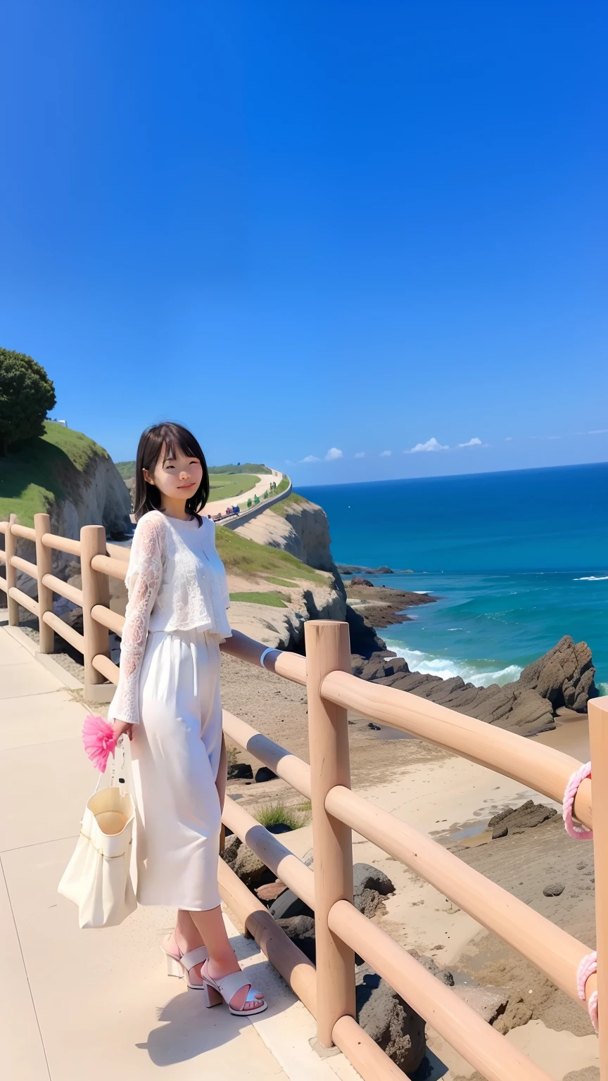 there is a woman standing on a path by the ocean, the ocean in the background, standing beside the ocean, 8k)), ocean in the background, at the sea, Middle metaverse, 💕 🎀, loli, photo taken with canon 5d, near the sea, standing near the beach, 💕 🎀