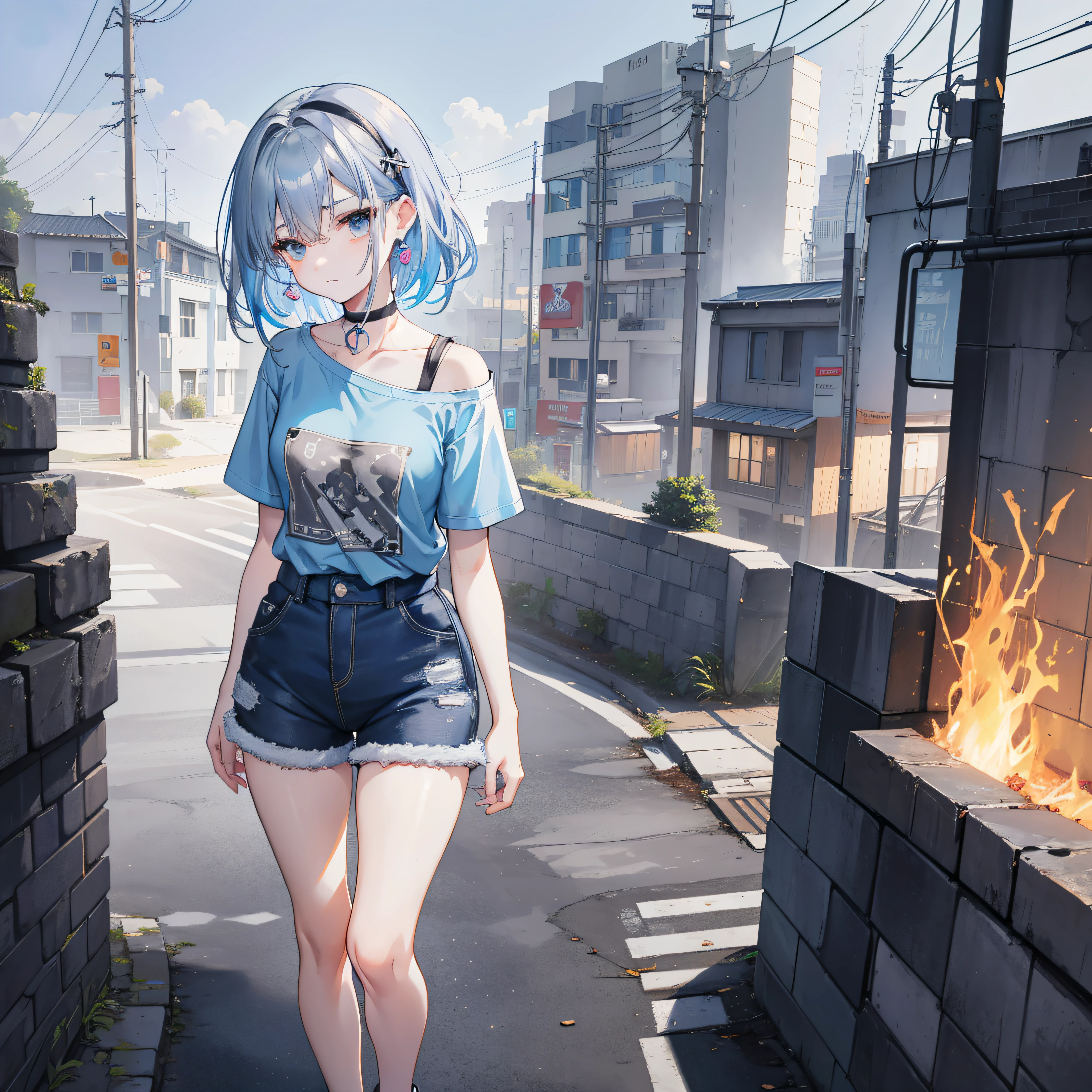Anime , Blue and grey t shirt and shorts, blue hand and thigh accessories, Short dark blue grey hair, hair accessories, grey eyes, silver earrings, nose, curious, healthy skin, very dirty, neck, shoulders, small chest, arms, holding an ancient map, thin waist, legs, medium thigh, wearing white sneakers, cute, vibrant colors on shirt, in a ground with fire burnt nearby, sky is covered in darkness, standing next to a wall, cinematic light, high resolution, highest quality, ultra detailed, detailed face, (detailed eyes), best quality, hyper detailed, masterpiece, (detailed face), clean face, show feet
