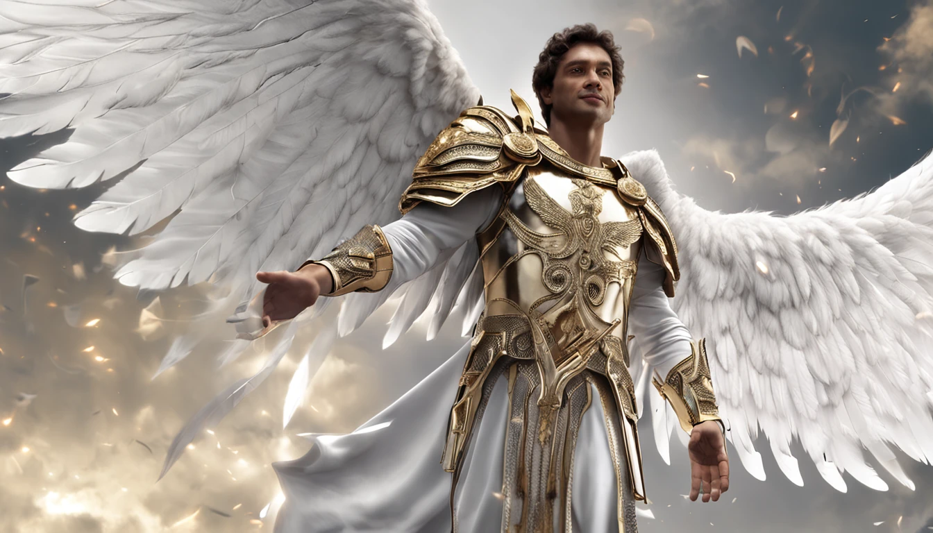 There is a painting of an angel with wings in the sky, Anjo majestoso de corpo inteiro, vestido com roupas brancas e vermelhas, biblical accurate angel, Arcanjo Miguel, anjo protegendo em guarda, angel spirit guide, angelic, Arcanjo Miguel, humano alado, epic angel wings, anjo lindo, anjo, being brilliant angelic, angelic, Tema de anjo, Alto Anjo tiro distante, Biblical setting, anjo guerreiro, with a spear in his hand, vestes vermelhas estilo soldado romano, anjo aparentando idade de 40 anos e majestoso, um personagem masculino, o arcanjo Miguel, imagem celestial, detalhes intricados, realista, asas ROSAS e grandes, fundo angelical, Catholic illustrative image of the archangel Michael, Male character of the Bible, Michael is wearing his angelic armor, cosmic background, Illumination in the Archangel and in the background, imagem do corpo todo do anjo, Maximum detail and his angelic face and wings, pele perfeita realista, Maximum image quality, Miguel ele esta destacado na imagem com cores fortes e chamativas.