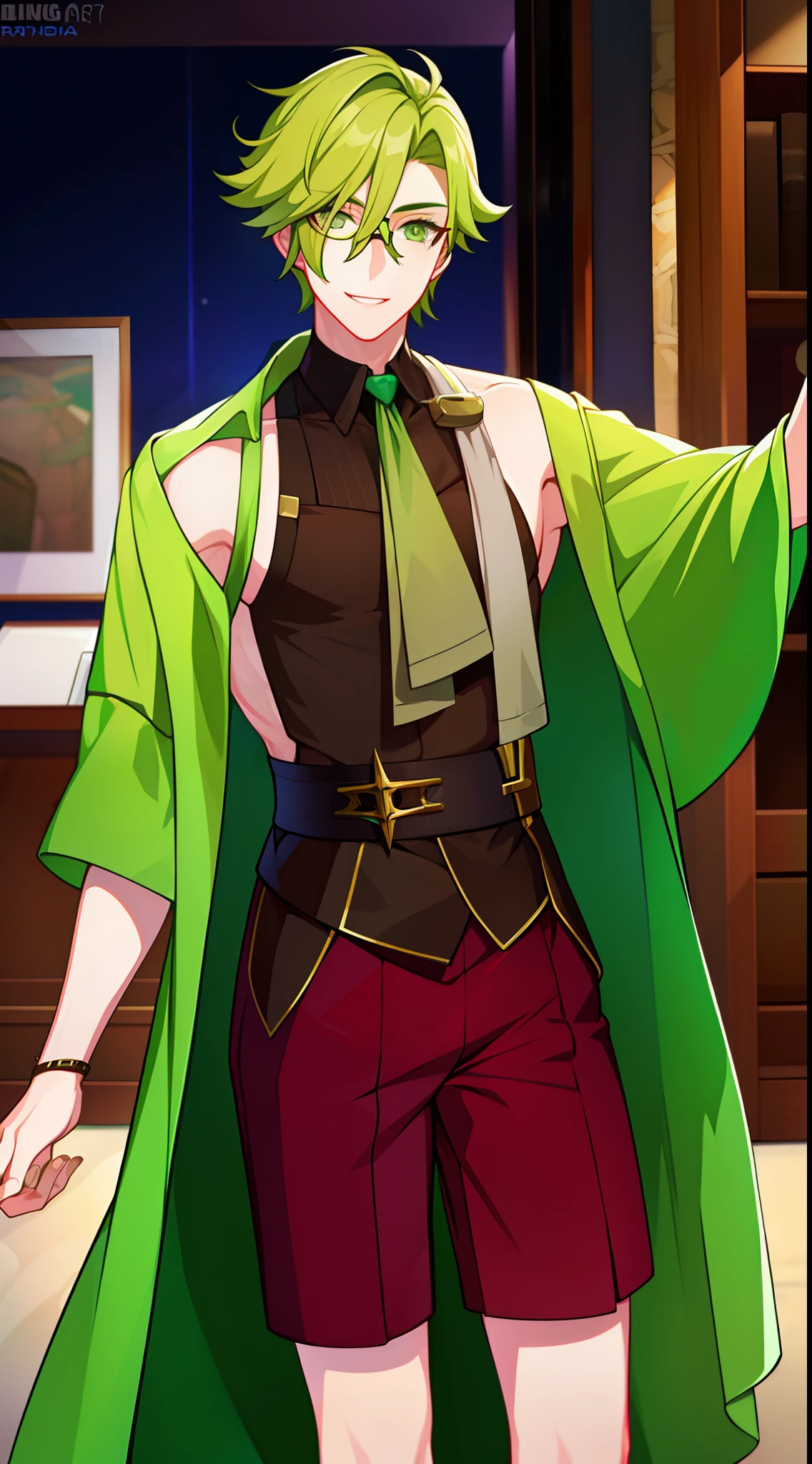 young boy, short blonde hair, Green eyes, Purple robe, Sleeveless, Shorts, pilot's glasses on his head, ssmile, Masterpiece, hiquality