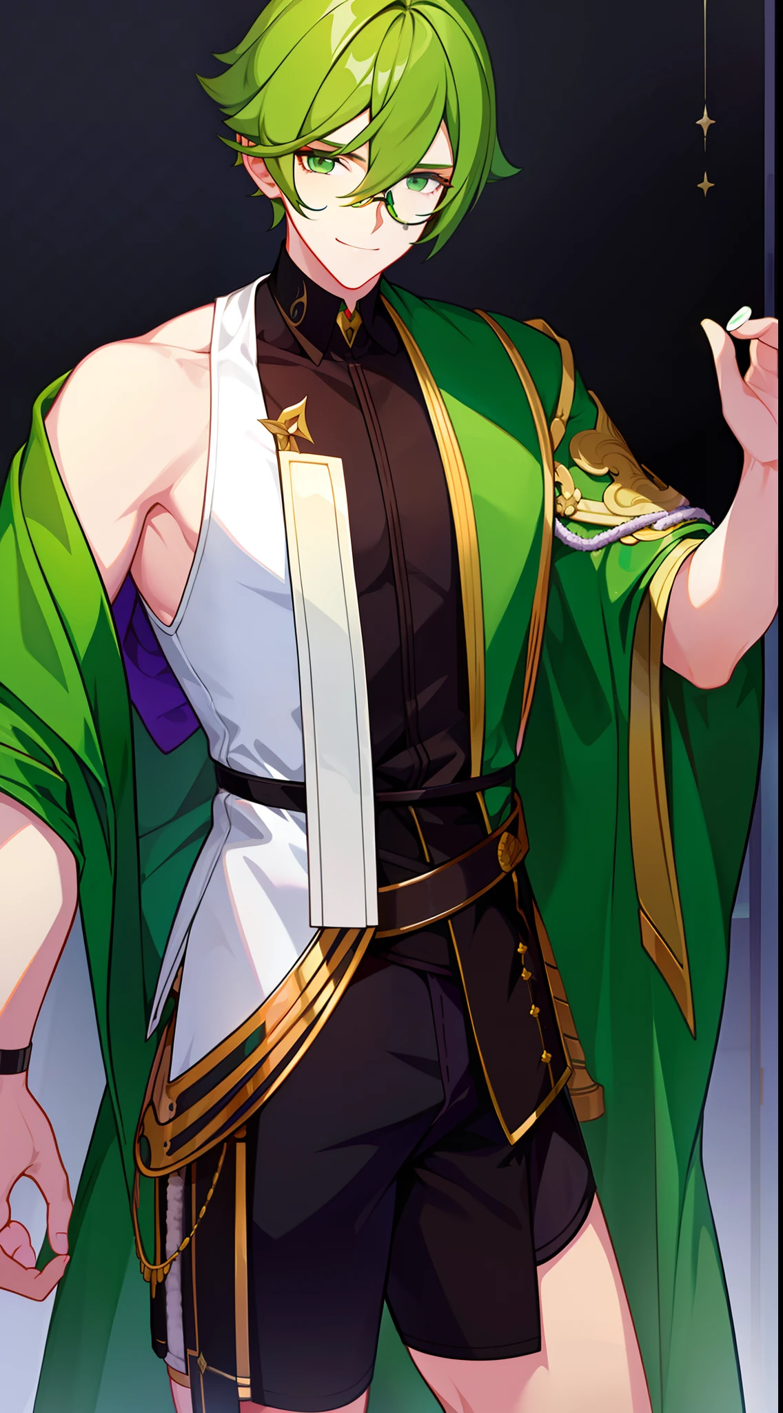 young boy, short blonde hair, Green eyes, Purple robe, Sleeveless, Shorts, pilot's glasses on his head, ssmile, Masterpiece, hiquality