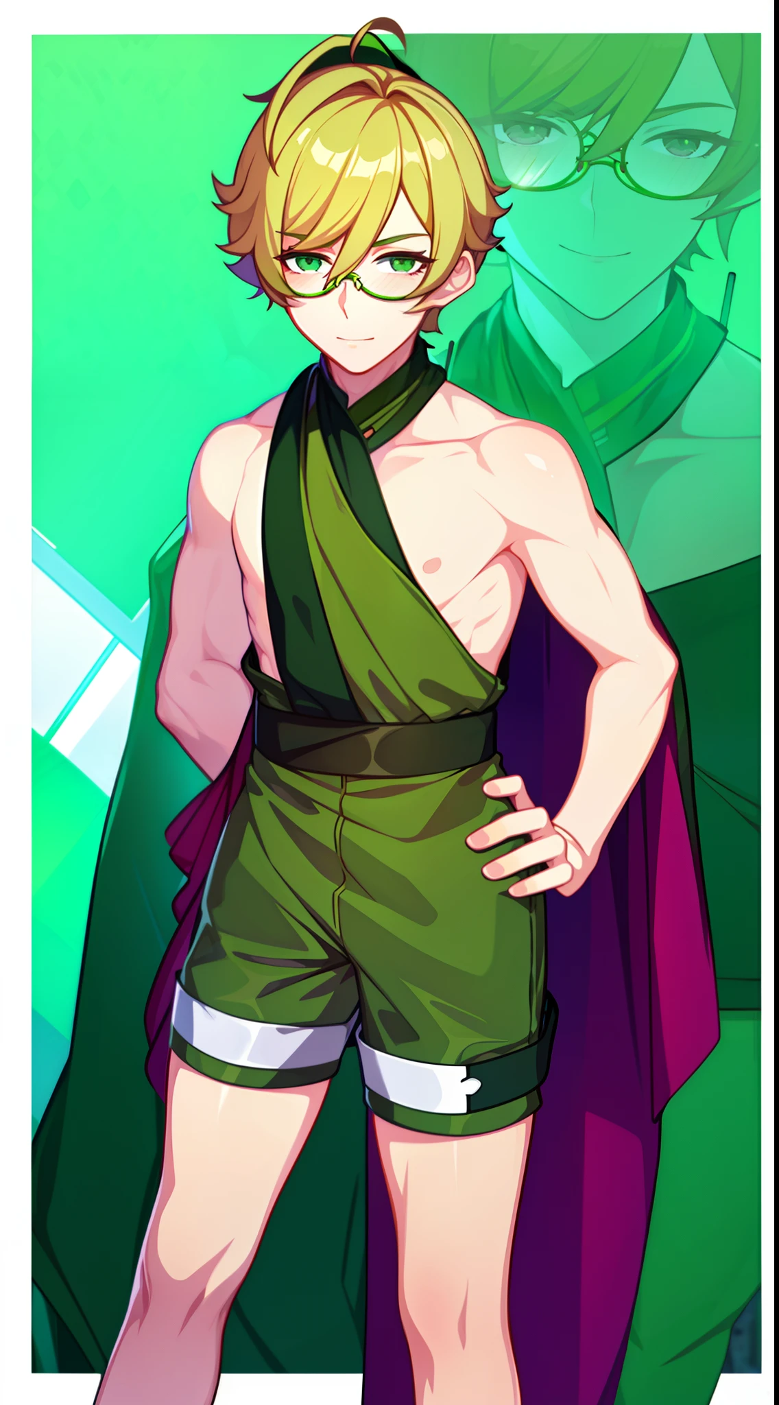 young boy, short blonde hair, Green eyes, Purple robe, Sleeveless, Shorts, pilot's glasses on his head, ssmile, Masterpiece, hiquality