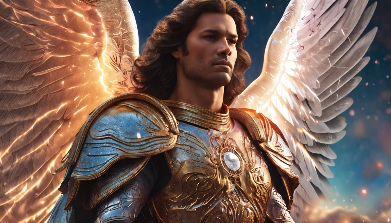 um personagem masculino, o arcanjo Miguel, imagem celestial, detalhes intricados, realista, asas ROSAS e grandes, fundo angelical, Catholic illustrative image of the archangel Michael, Male character of the Bible, Michael is wearing his angelic armor, cosmic background, Illumination in the Archangel and in the background, imagem do corpo todo do anjo, Maximum detail and his angelic face and wings, pele perfeita realista, Maximum image quality, Miguel ele esta destacado na imagem com cores fortes e chamativas.
