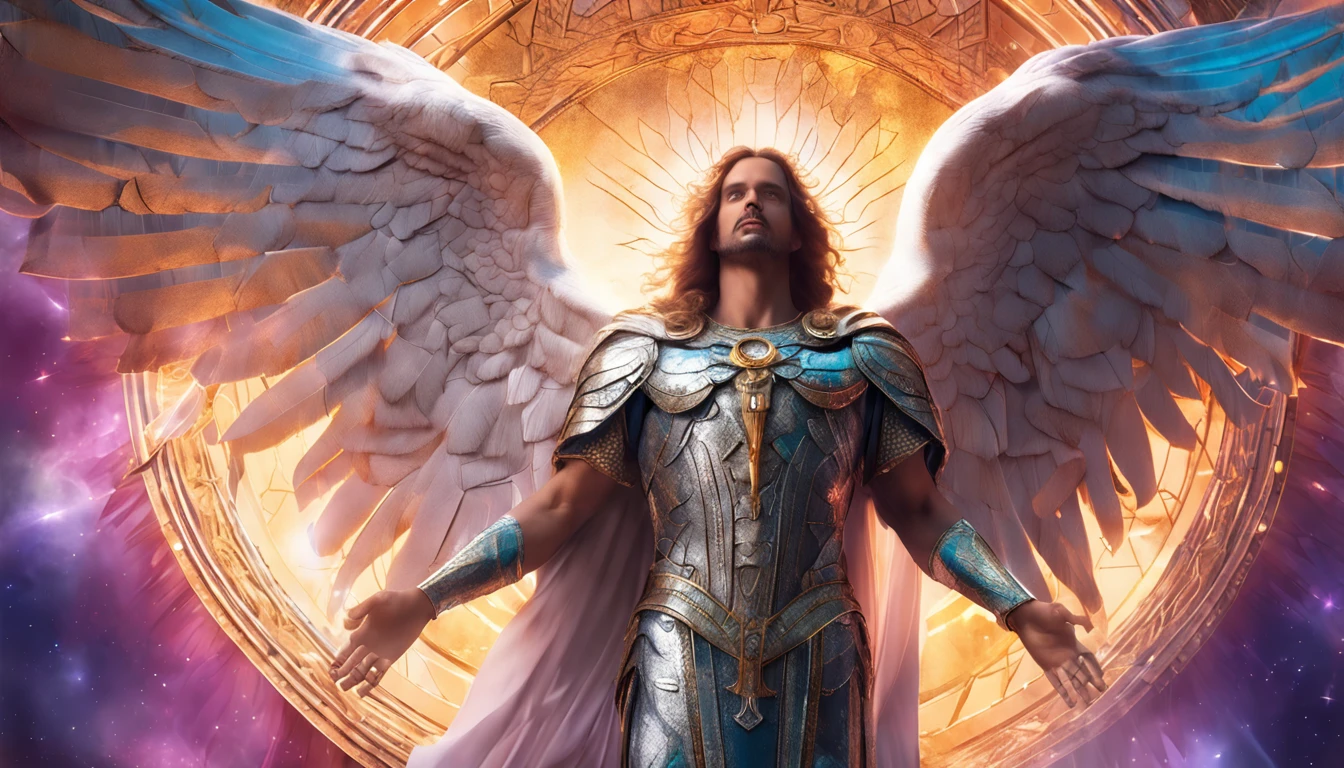 um personagem masculino, o arcanjo Miguel, imagem celestial, detalhes intricados, realista, asas ROSAS e grandes, fundo angelical, Catholic illustrative image of the archangel Michael, Male character of the Bible, Michael is wearing his angelic armor, cosmic background, Illumination in the Archangel and in the background, imagem do corpo todo do anjo, Maximum detail and his angelic face and wings, pele perfeita realista, Maximum image quality, Miguel ele esta destacado na imagem com cores fortes e chamativas.