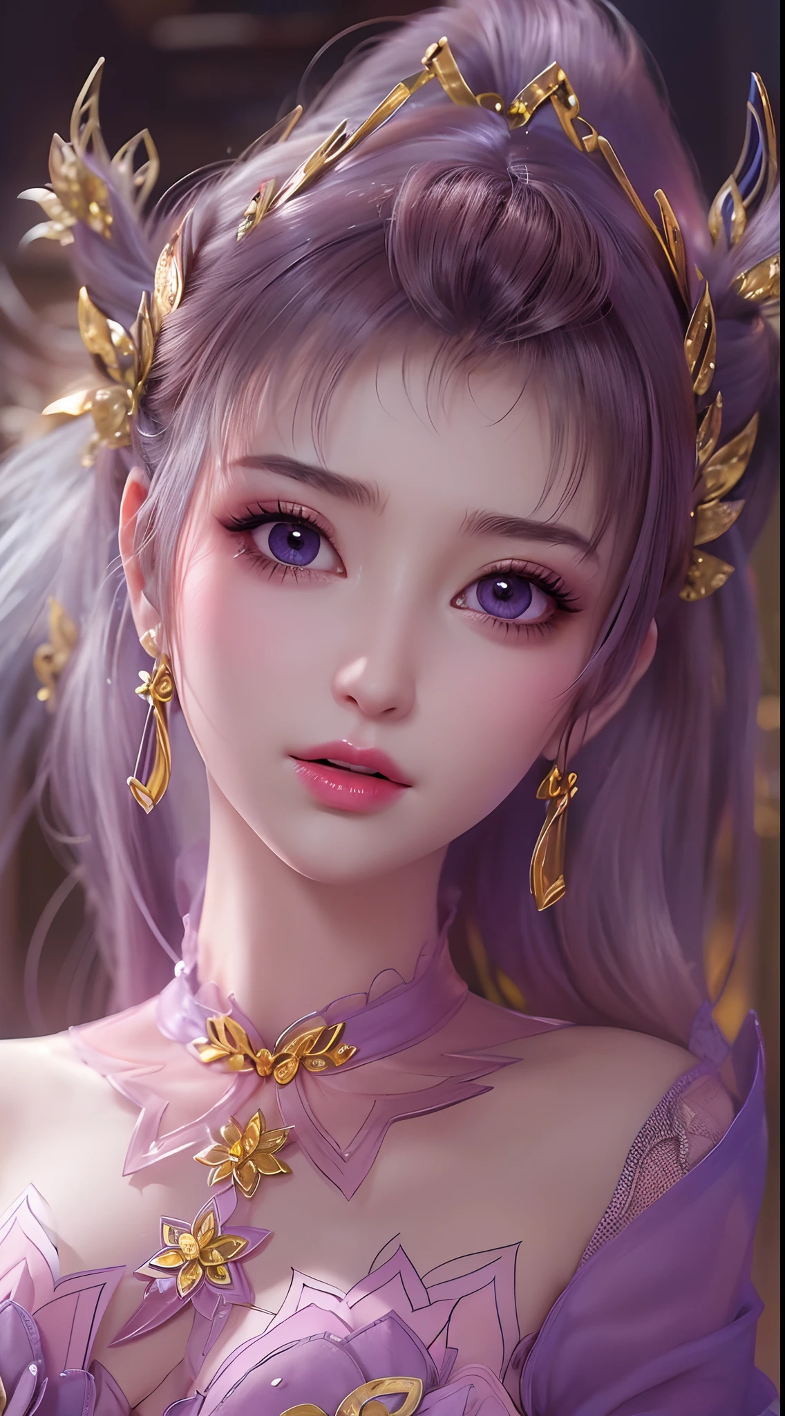 1 20 year old girl, 1 goddess Athena, pink purple silk dress, beautiful goddess Athena face without blemishes, delicate yellow nightgown, long thin sequin nightgown with many sexy black lace details, female saint legend, female saint icon, beautiful goddess style glitter, dark and mysterious version, vermilion lips, plump red lips, not smiling, mouth closed, detailed and delicate images beautifully, delicate and beautiful lip detail, (pure and flawless face: 1.9), female saint body, moderate breasts, ((Super Breast Lift:1.4)), breasts are round and regular,super tight breasts, phoenix brooch, long flat bangs, (((double ponytail: 1.8))), flower stickers tattoo on forehead, beautiful clear face and well-proportioned eyes, (light purple eyes: 1.8), (big round eyes and makeup, sexy wet eye makeup, very beautiful and meticulous hair makeup, long and delicate blonde hair, delicate, body image: 1.8), figure: and vivid, (stars that make up the sky: 1.7), (the sky of heaven and the fictitious gate of time and space: 1.8), fictional art, RAW photos, hanfu photos, best photos, high resolution, best quality, best photos, best goddess quality, 8k female, super 8 single saint portraits, truest color schemes, masterpieces, best beauty brands, best hair jewelry, brand real photo, dark studio, border light, two-tone lighting, (rose white skin: 1.4), (high skin detail: 1.1), 8k uhd, soft light, 8k, high quality, candid, volume Smooth and sharp, 10x pixel increase, sexy goddess, (background space: 1.8), (most beautiful aurora eyes: 1.7), beautiful eyes, aurora beautiful and flowery, (beautiful single girl: 1.8), (more details:0.8),