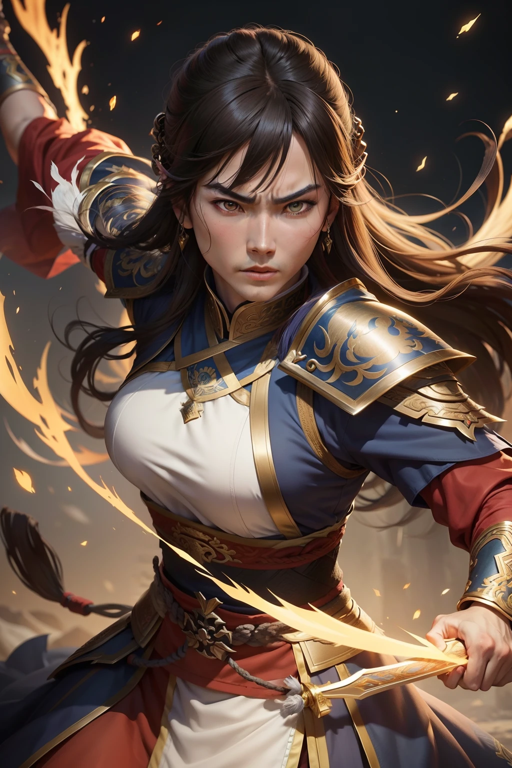 "Generate an image of a game character inspired by the '三國無双' (Dynasty Warriors) series.
Specifications:
- Format: Ensure the character design fits within a 16:9 aspect ratio.
- Pose: Illustrate the character in a dynamic and powerful full-body stance, showcasing energy and movement. The character should look like they are either mid-action or preparing for battle.
- Attire: Dress the character in traditional Chinese warrior attire, highlighting intricate patterns and detailed armor reminiscent of the '三國無双' series.
- Gaze: The character's eyes should be locked onto the viewer, giving an intense and focused look.
- Weapon: Equip the character with a weapon typical of '三國無双', whether it be a spear, sword, or other iconic weaponry from the series.
- Background: Opt for a subtle or slightly blurred background that emphasizes the character while maintaining the historical Chinese ambiance of '三國無双'.
- Expression: The character's face should reflect determination and courage, encapsulating the spirit of a fearless warrior.
The end result should evoke the essence of a '三國無双' character, emphasizing their valiant and dynamic nature in a 16:9 format."
