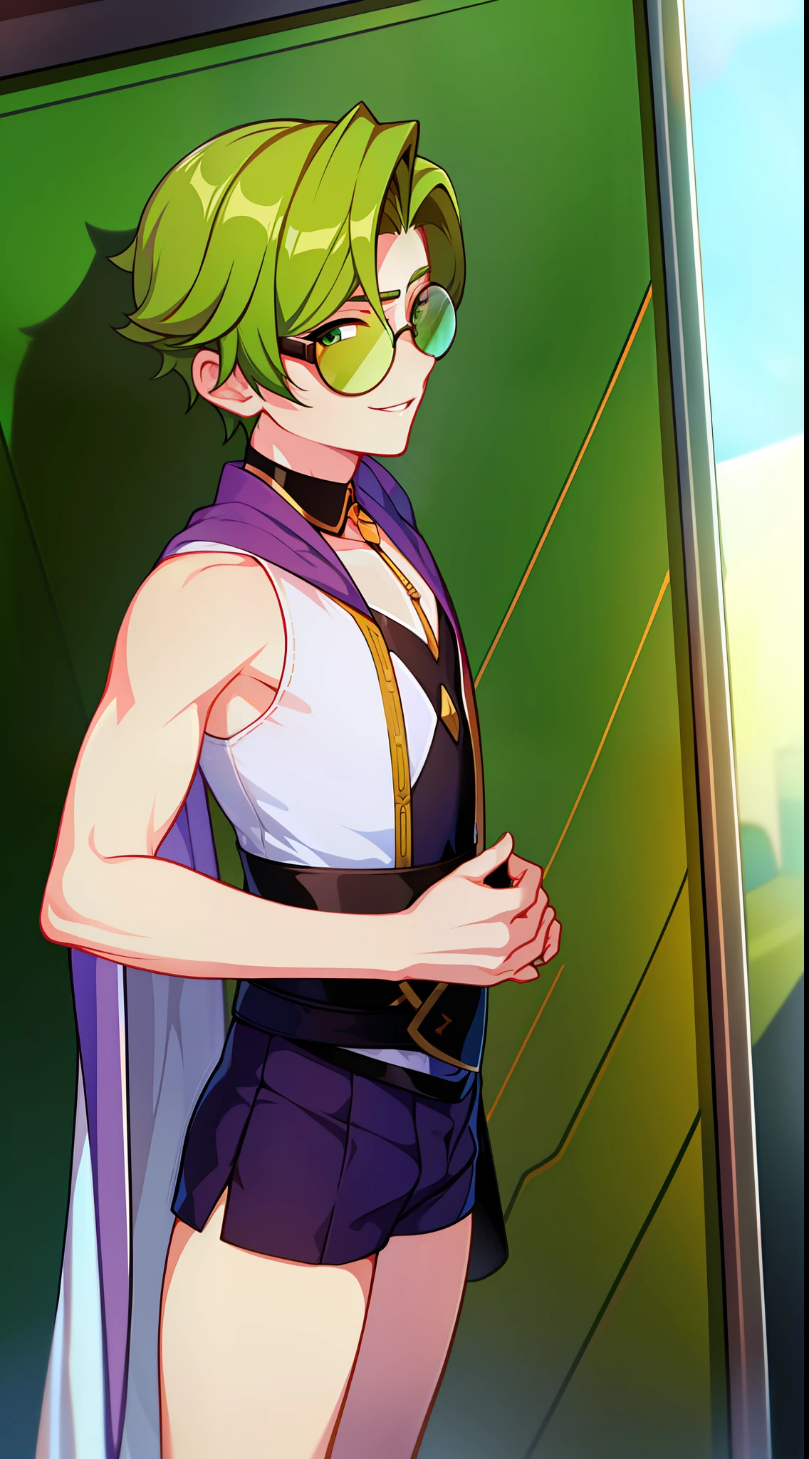 young boy, short blonde hair, Green eyes, Purple robe, Sleeveless, Shorts, pilot's glasses on his head, ssmile, Masterpiece, hiquality