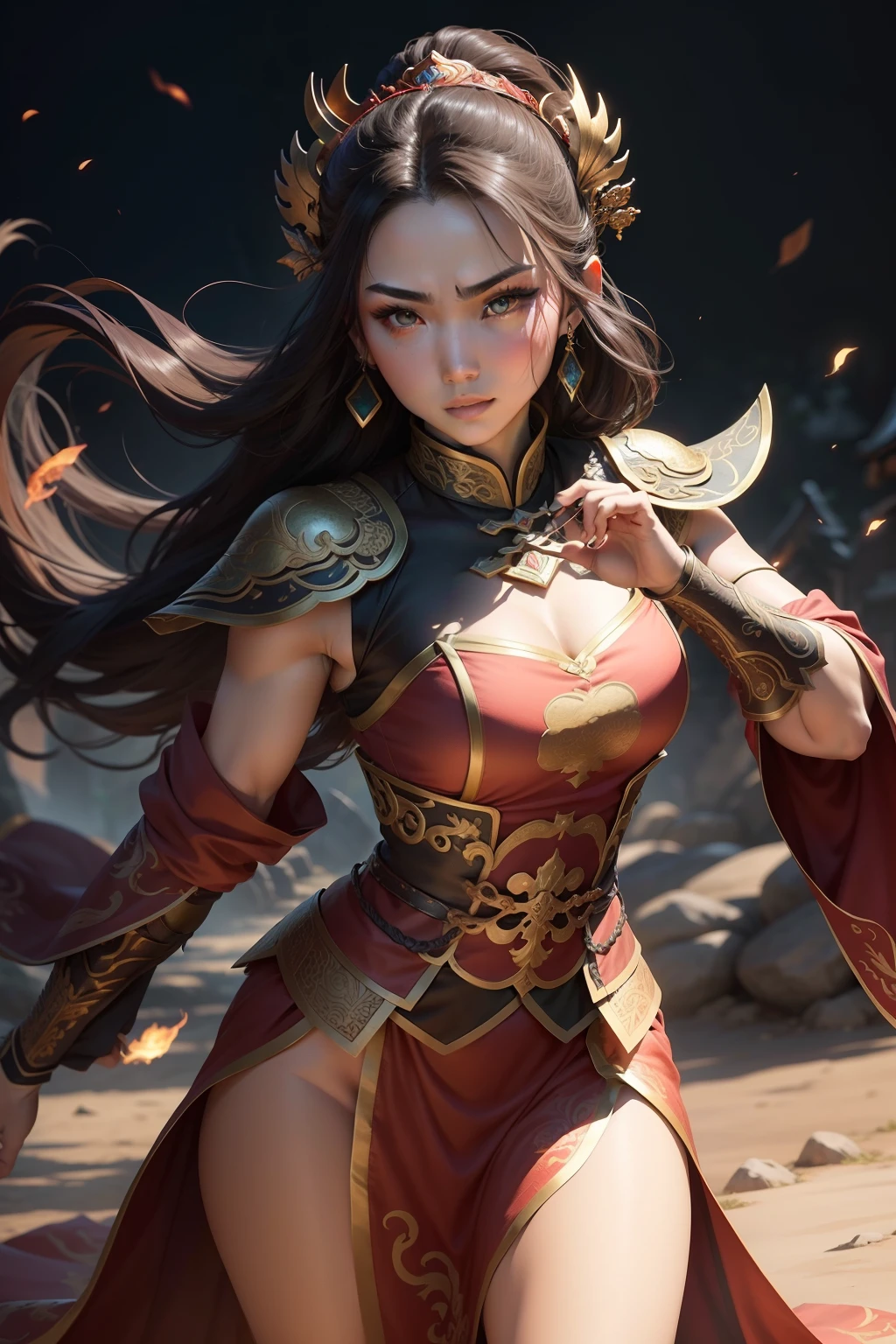 「Unparalleled in the Three Kingdoms」Create square game character illustrations inspired by (dynasty warriors) Series:
1. Marco: Ensure your character design fits into a perfect square without cutting off important parts.
2. Pose: Characters must be in dynamic action poses, Show readiness for battle.
3. outfit: Design with traditional Chinese armor, complex pattern, Perhaps there is a subtle glow element to emphasize the details.
4. arma: Although equipping the character with unique weapons typical of ancient China、Features fantastic elements, Glowing Guandao, Jiang, etc. surrounded by elemental energy.
5. Colors: Emphasize bright shades like gold, Crimson, and jade green.
6. Face: Show a fierce expression of determination; Eyes may have a gentle luminescence, Show potential mystical powers.
7. Hairstyle: Elaborate and flowing, Complemented by traditional Chinese hair accessories.
8. Background with: Using faded or calming hints of Chinese landscapes and architecture、Make sure your character remains the focal point of the square frame.
9. Fantasy elements: Infuse your designs with mythical motifs like dragons, phoenix, or other ancient Chinese legendary symbols.
「Unparalleled in the Three Kingdoms」Aims to capture the grand and heroic aesthetic that characterizes character design."