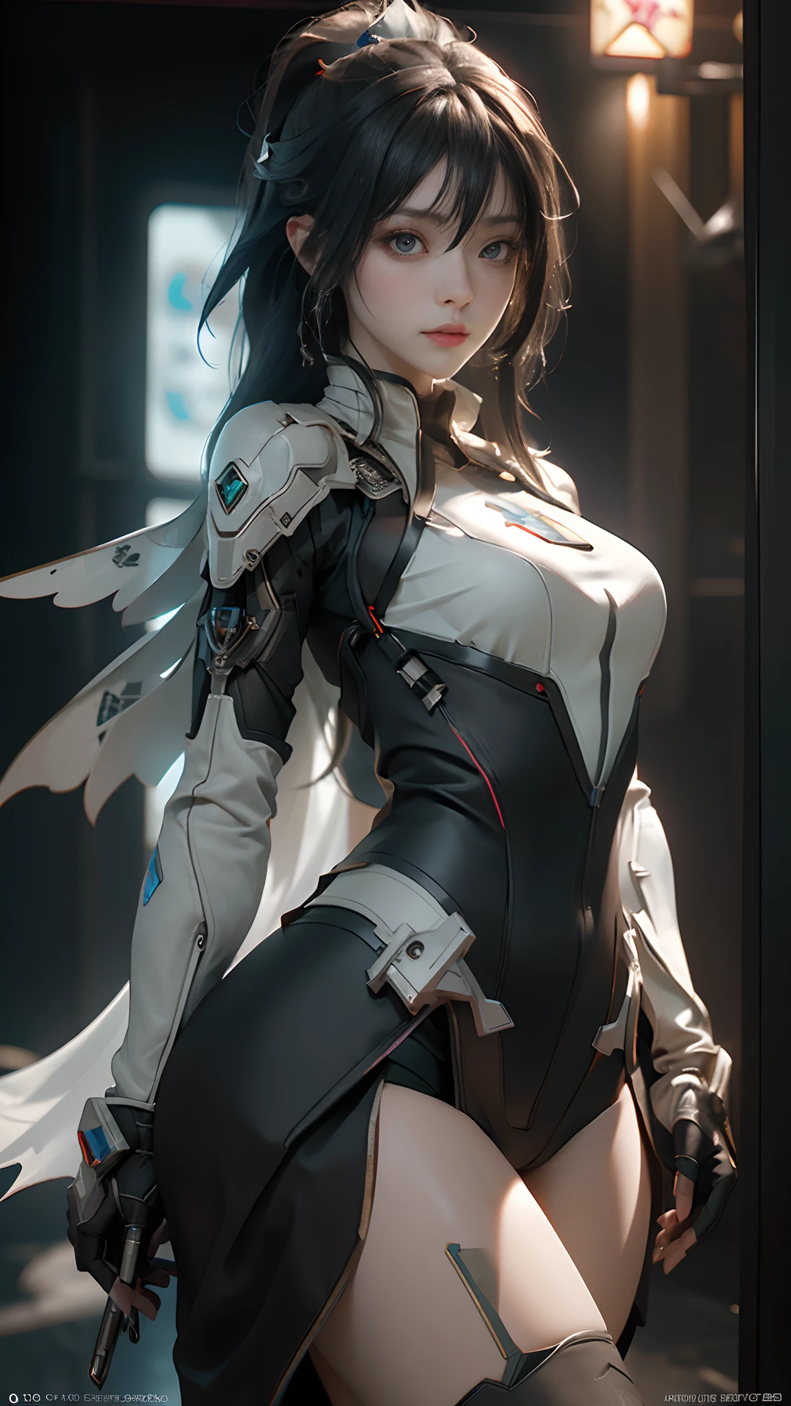 ((Best quality)), ((masterpiece)), (highly detailed:1.3), 3D, beautiful, (cyberpunk:1.6), in space, nebulous, laser, (1Female mecha:1.8), sexy body, facing the audience, bright eyes full breasts, full body, big ass, neon tattoo, (flying, descending, dynamic, motion blur: 1.4), (huge wings of locks: 1.9), looking up, glowing_eyes, mecha, panorama, background is earth, nebula, space, particles, Reality, HDR (High Dynamic Range), Ray Tracing, NVIDIA RTX, Super Resolution, Unreal 5, Subsurface Scattering, PBR Textures, Post-Processing, Anisotropic Filtering, Depth of Field, Maximum Clarity and Clarity, Multilayer Textures, Albedo and Specular Maps, Surface Shading, Accurate Simulation of Light-Material Interaction, Perfect Proportions, Octane Render, Two-Tone Lighting, Large Aperture, Low ISO, white balance, rule of thirds, 8K RAW, efficient sub-pixel, sub-pixel volume product, (best quality), (Japanese: 0.9), (Korean: 0.8), (Liu Yi Fei: 1.8) long hair, (large chest: 1.5), (underboob: 1.6), (white transparent lace mini skirt: 1.7)