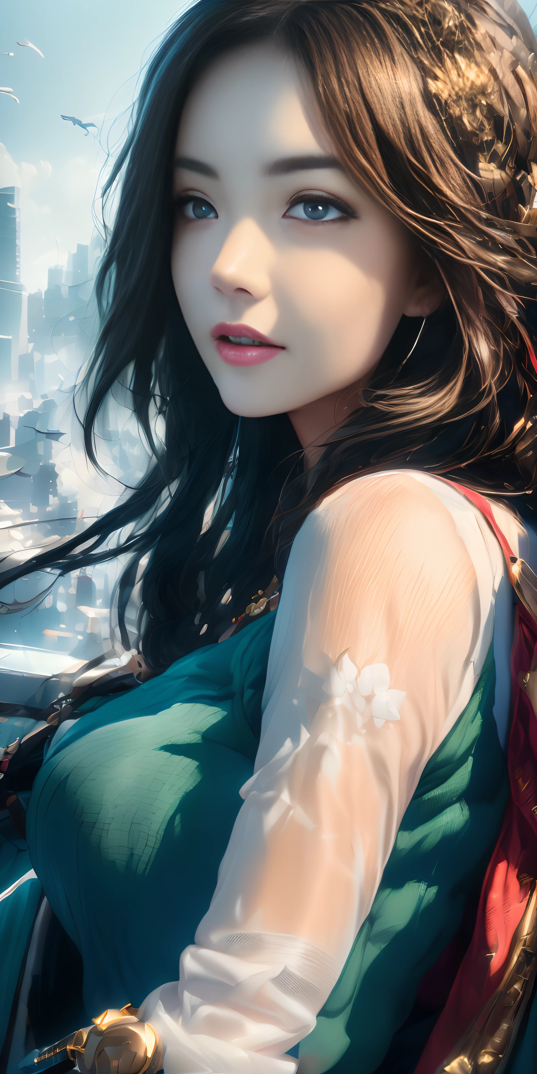 (1girll:1.3), 独奏, (((very vey very detailed face))),((very detailed eyes and faces))),beatiful detailed eyes,Body parts__,Unified 8k wallpaper,ultra - detailed,Beautiful and beautiful,big breasts beautiful,tmasterpiece,best qualtiy,primitive,tmasterpiece,ultra fine photos,best qualtiy,超高分辨率,Virtual StarCraft theme,rays of sunshine,full-body portraits,stunningly beautiful,,dynamicposes,delicated face,Vibrant eyes,(From the front side), She wears a Ghost in the Shell tights,Red and white color scheme,Very detailed steel city, Roof,looking over city,详细的脸,detailed complex busy background,Untidy,opulent,milkyW,highly detailedskin,Realistic details of skin,Visible pores,Clear focus,volume fog,8K UHD,digital SLR camera,high qulity,filmgrain,White skin of the,photo-realism,DL, semi transparent
