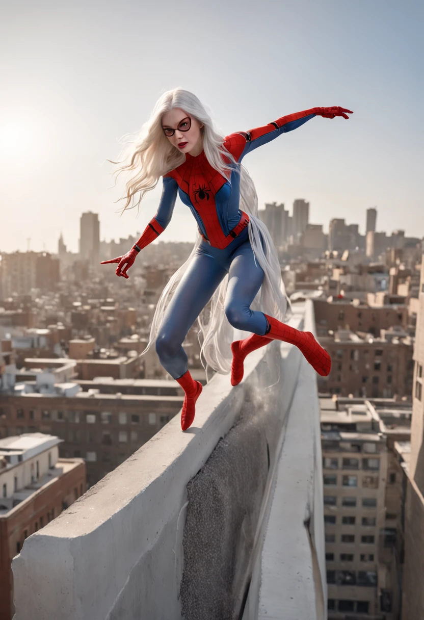 (Masterpiece, 4k resolution, ultra-realistic, very detailed), (White superhero theme, charismatic, there's a girl on top of town, wearing Spider-Man costume, she's a superhero), [ ((25 years), (long white hair:1.2), full body, (blue eyes:1.2), ((Spider-Man pose),show of strength, jumping from one building to another), ((sandy urban environment):0.8)| (cityscape, at night, dynamic lights), (full moon))] # Explanation: The Prompt mainly describes a 4K painting of ultra-high definition, very realistic, very detailed. It shows a superheroine at the top of the city, wearing a Spider-Man costume. The theme in the painting is a white superhero theme, the female protagonist has long white hair, is 25 years old and her entire body is shown in the painting. In terms of portraying the actions of superheroines, spiders are employed