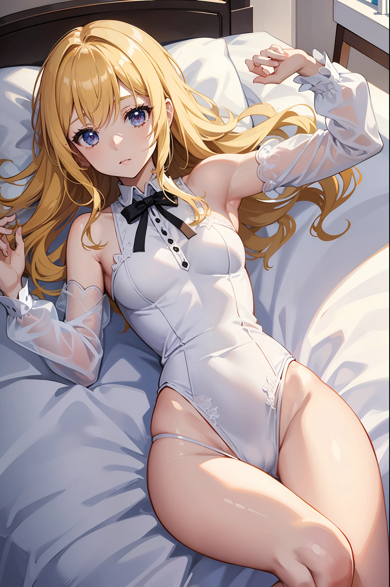 female nobel idol, thin white sleepwear dresses outfit, lying on the bed, best quality anime 16k wallpaper, masterpieces, sexy aura, blonde, bedroom background, perfect body shape, golden color pupil, ribbon on hair, no underwear, crotch tattoo