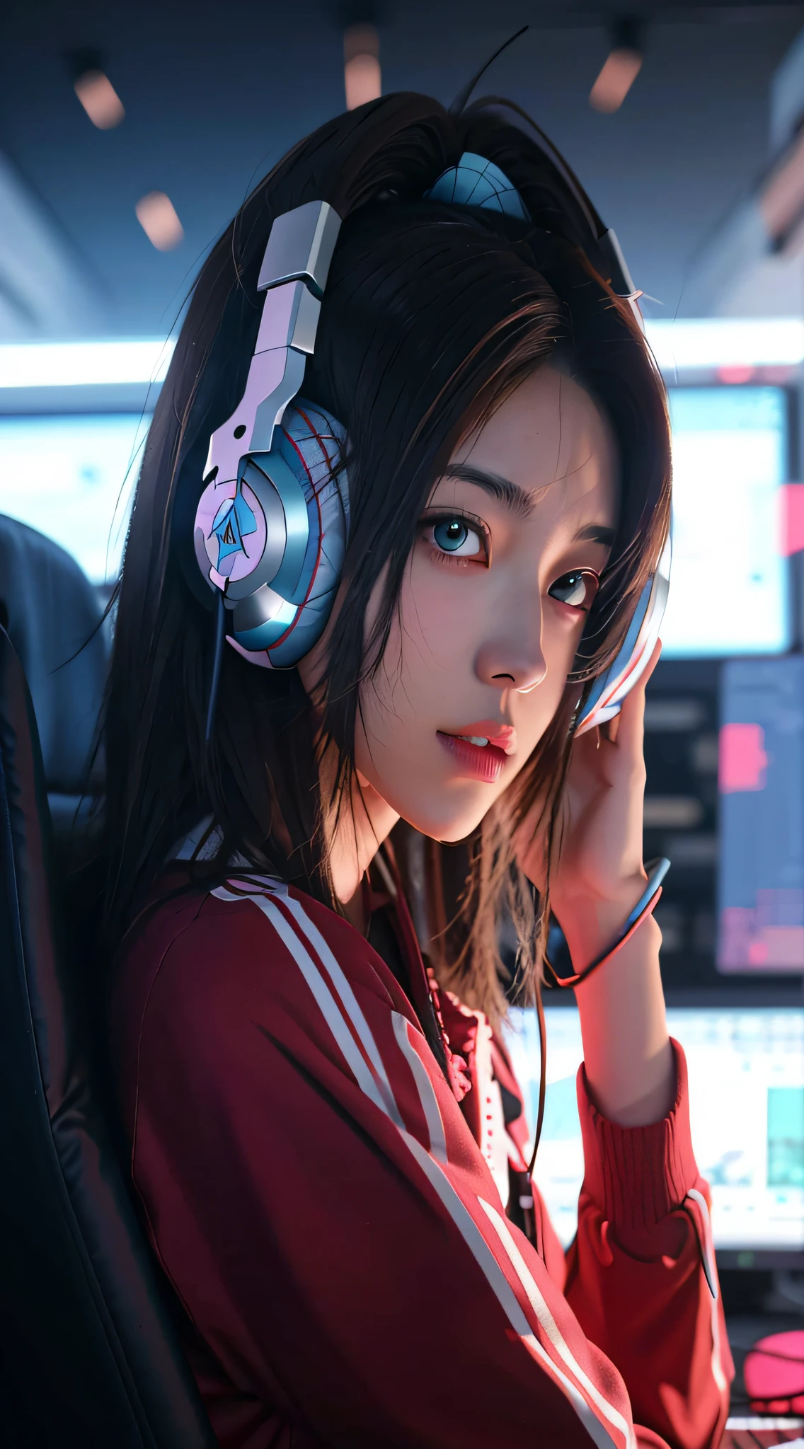 Anime girl sitting in front of computer wearing headphones, style of anime4 K, Anime style. 8K, wearing a gaming headset, Guviz-style artwork, with headphone, Wearing a gaming headset, anime vibes, Realistic anime 3 D style, trending on cgstation, realistic art style, high quality portrait, with headphone