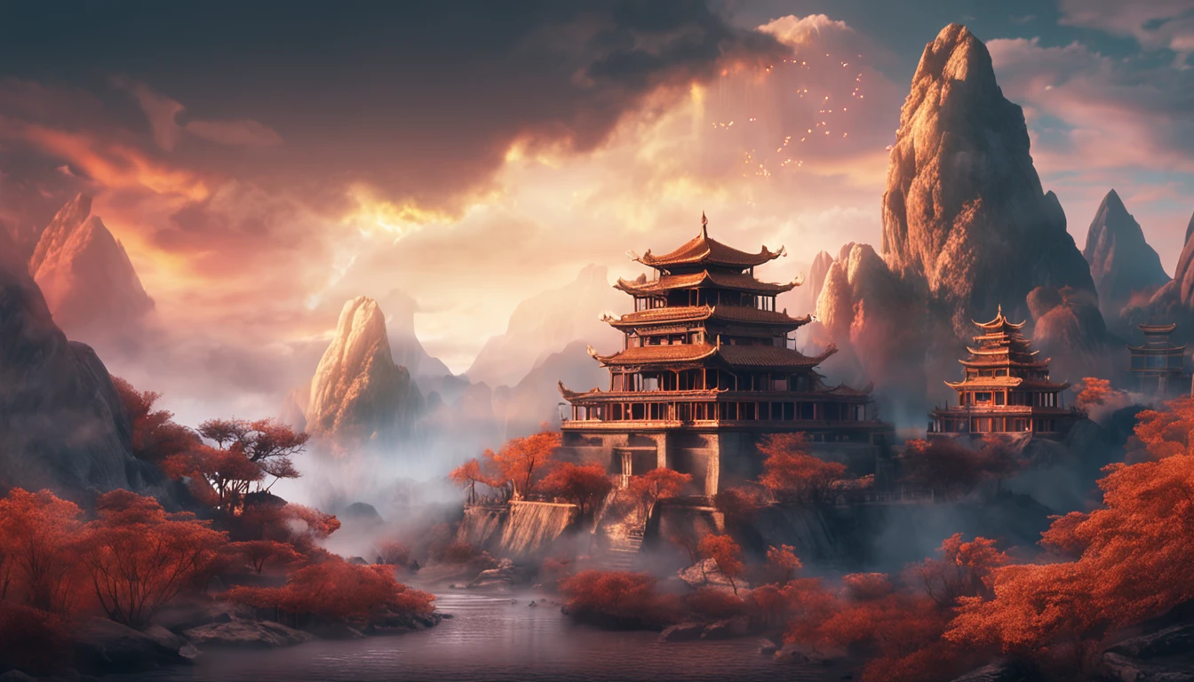 Ancient Chinese landscapes，mountain ranges，rios，Auspicious clouds，rays of sunshine，tmasterpiece，super detailing，Epic composition，hyper HD，high qulity，extremely detaile，offcial art，Unity8k wallpapers，super detailing，Intentional realm, 32k -- v 6