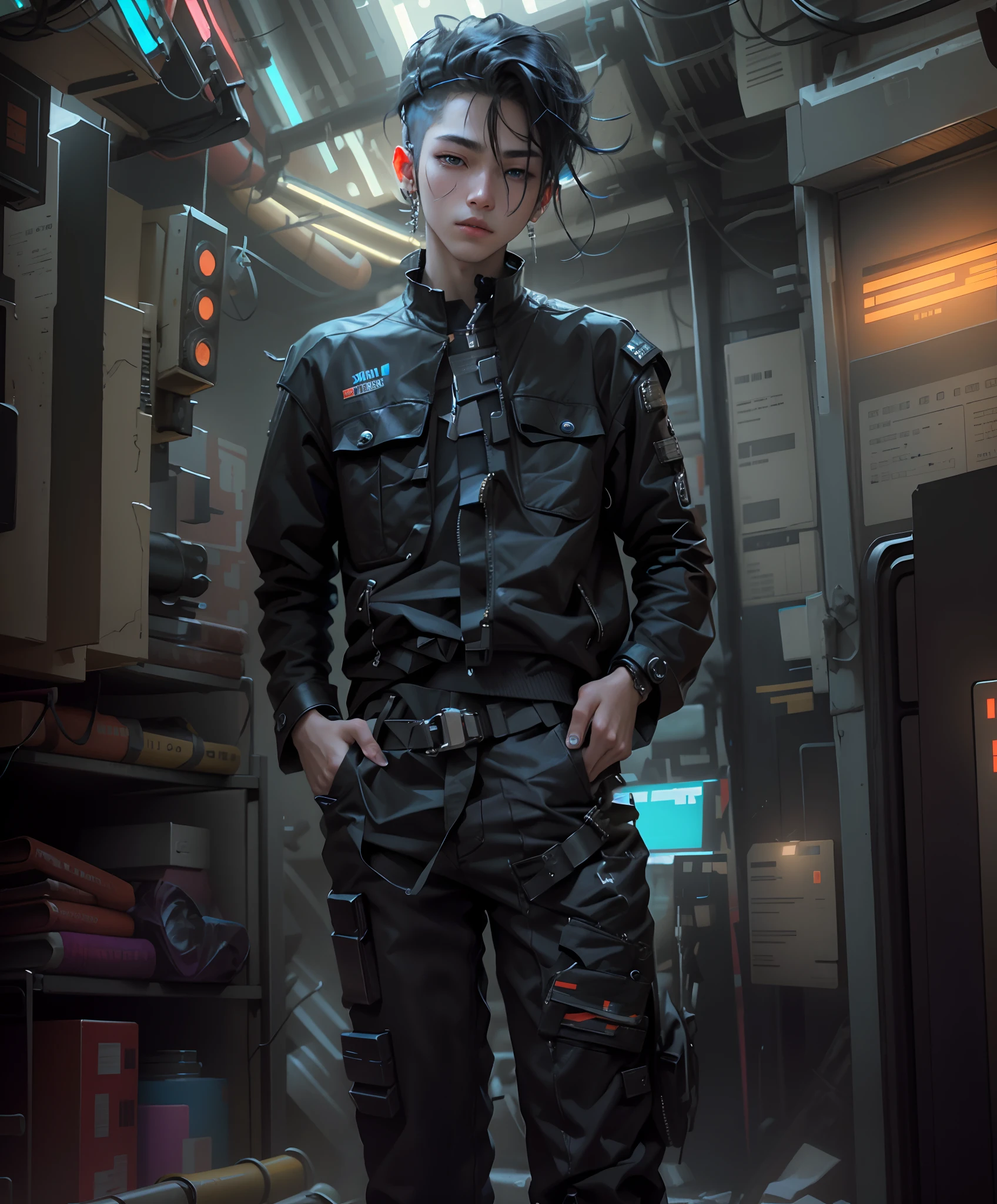 Turn my photo into Beautiful young boy medium hair, cyberpunk style dark clothe,bring hear my original face and with cyberpunk style
