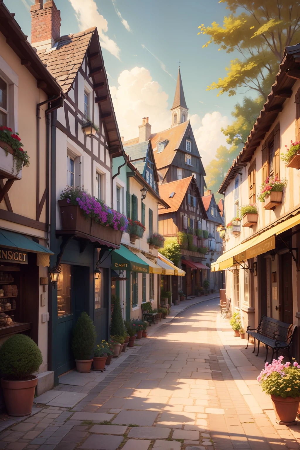 Street scene painted with cafes and benches, quaint village, Thomas Kinkade CFG _ Level 9, french village exterior, Thomas Kinkade CFG _ Scale 8, Inside the French village, tomas kinkade, author:Bernard DeAndrea, author:Arthur Penn, streetview, Pierre Roy, cottage town, countryside city scene, landscape artwork, view over city