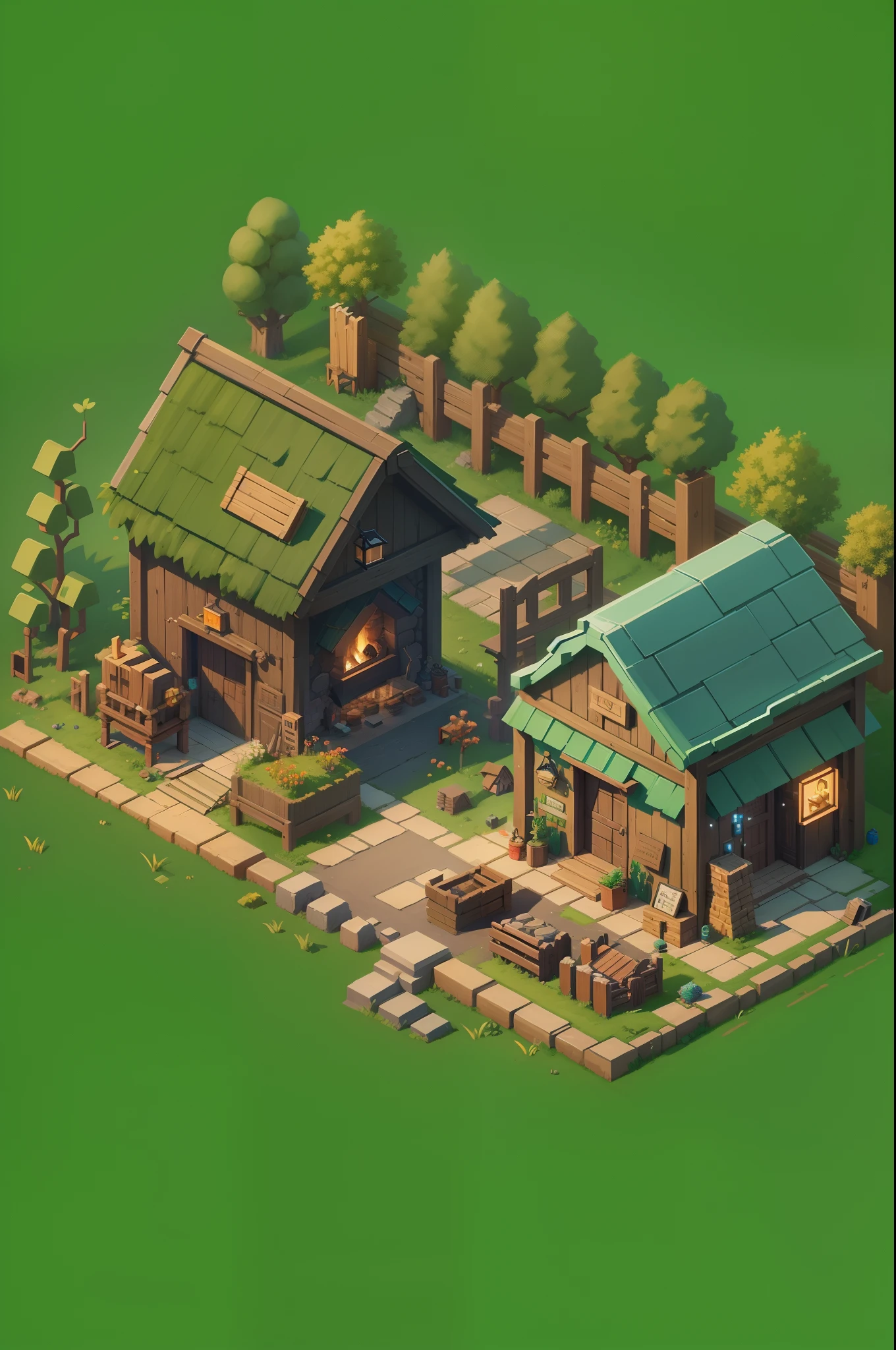 Pixel game scenes，Isometric architecture，Blacksmith shop，