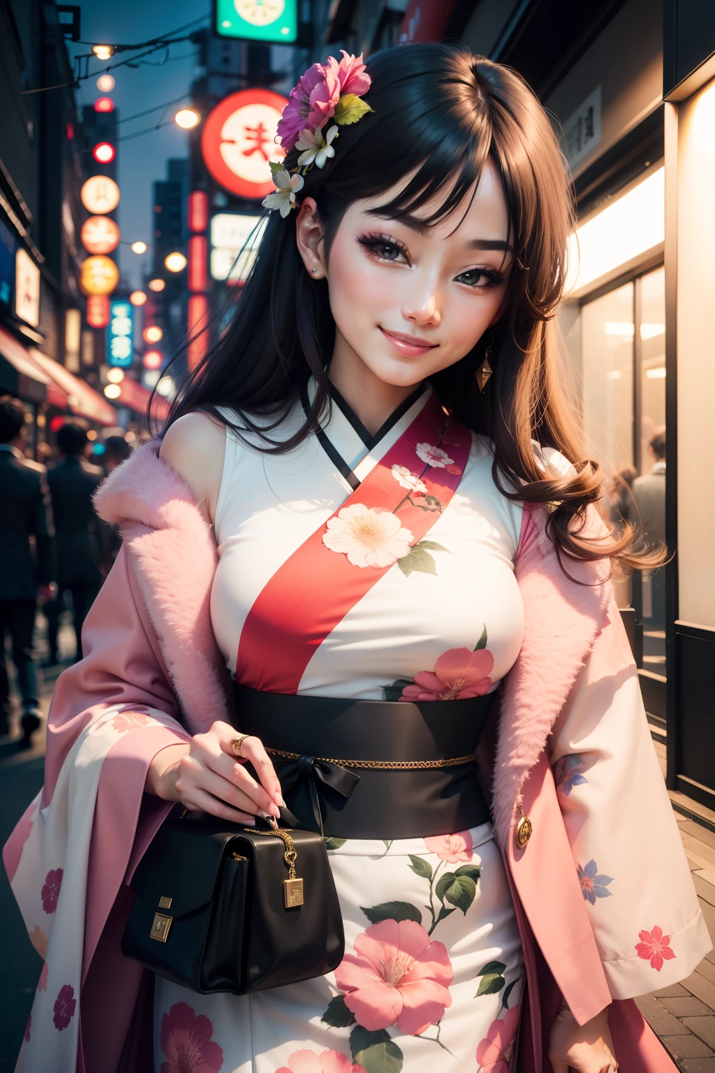 (Highly detailed CG Unity 8k wallpaper, top quality, ultra-detailed, high resolution, masterpiece, realistic, photorealistic:1.5), (cute Japanese girl), extremely detailed face, face focus, beautiful detailed eyes, eye focus, (detailed background), detailed clothes, super detailed skin, (wearing adorable colorful lingerie:1.5), (wearing puffy and fluffy colorful coat:1.5), (beautiful city background:1.5), midi wavy hair, brown hair, floating hair, medium breast, medium ass, (make up), (adorable smile:1.3), (POV:1.6),