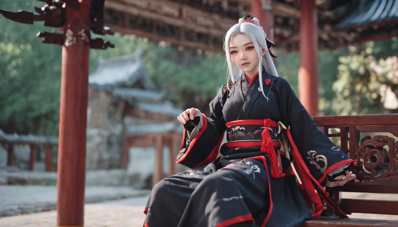 "Anime characters sitting on benches，onmyoji portrait，onmyoji，Keqing from Genshin Impact，The detailed art of Onmyoji，The central bell tower in Genshin，From the Ark of Tomorrow，best anime 4k Konachang wallpapers，Anime style 4k，white-haired god"