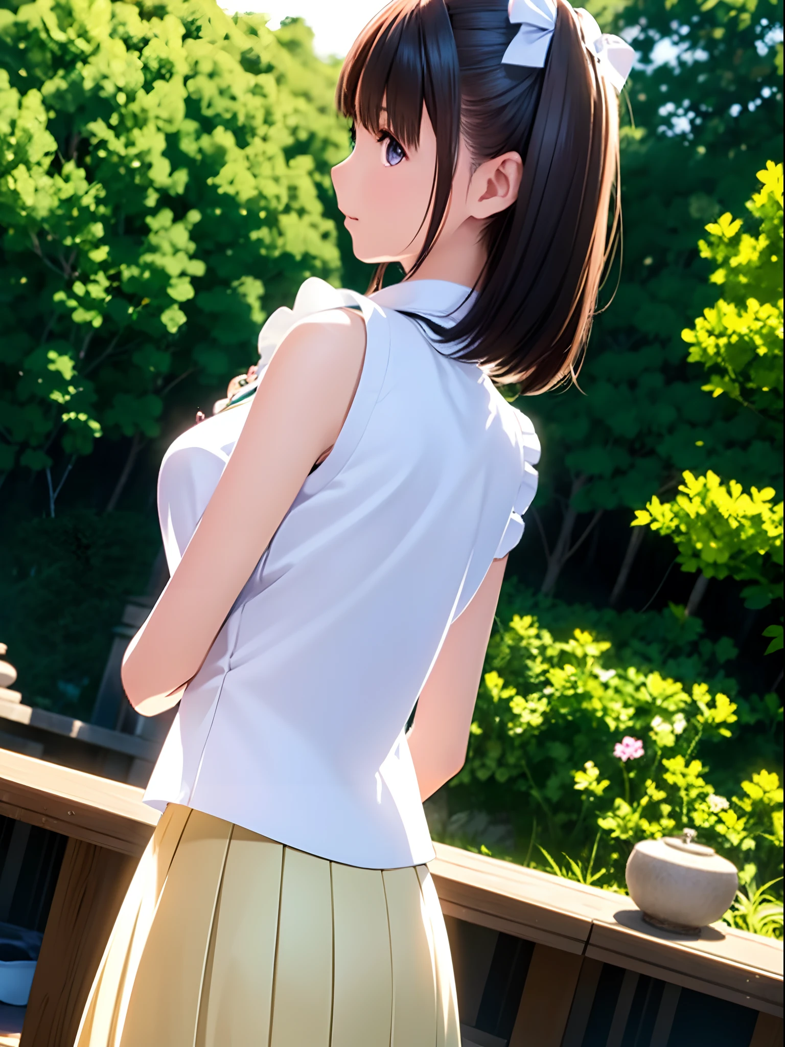 hight resolution,8K,Best Quality,detaileds,semi - realistic anime,Anime 3D Style,Smooth Anime CG,1 girl in,20 year old woman in Japan,slim,modeled,shiny chestnut hair,Medium Hair,Detailed face,Beautiful and detailed eyes,Glowing skin,((Dark green shirt)),((sleeveless shirts)),((White bustle skirt)),photographed from the back,turned around,The wind is blowing,