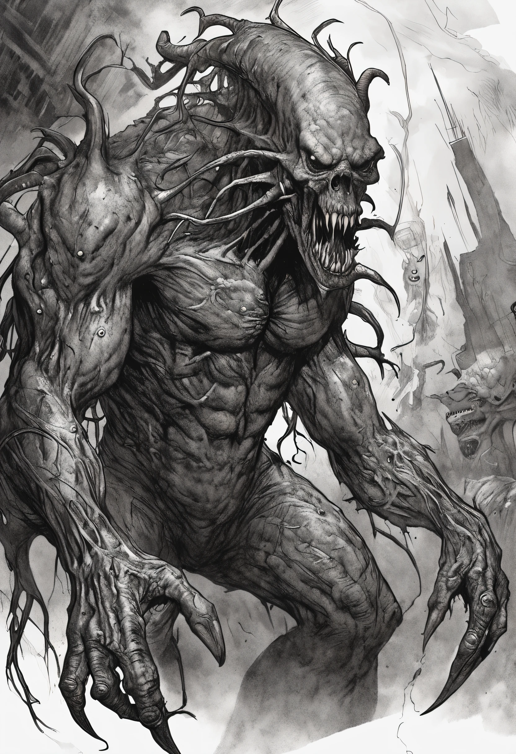 a drawing，It depicts a truly mutilated ocean mutant monster，Blood on his face，bleeding from head, massacre, Science fiction - the horror art of fiction, sci-fi horror artwork, inspired by Aleksi Briclot, Slaughtered fangs, horror fantasy art, author：Alexi Bricklot, horror concept art, venomize, Fantasy and horror art, Detailed illustration of 4K horror, demonic creature, dark fantasy horror art，Prehistoric monsters, Godzilla, standing in ocean, A MILF, Gigantic body, Golden proportions, (The upper body is on the surface of the sea), (The lower body is below the surface of the sea:1.2), (Super scary:1.1), There are bombs in the back, [:(The facial details are frightening:1.2):0.2]:full bodyesbian，standing on your feet