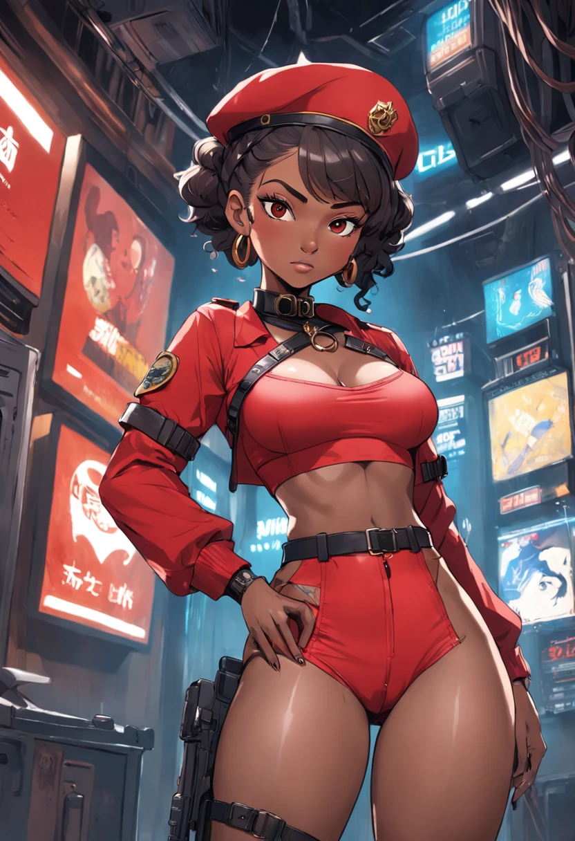 Cartoon-style digital art, pixar and disney features, beautiful black woman, face like model esyonce, bonbon brown skin, slanted asian eyes, curly hair tied back, ponytail hairstyle, wearing red police beret, beret red military, wearing large hoop earrings, necklace with military identification hanging around the neck, full breasts, short red shirt, (showing belly and navel), small waist, tactical belt with several compartments, short shorts with camouflage print, thick thighs and calves , pistol holster attached to thigh, big butt, wearing leather gloves, long-legged tactical boots with high heels, wielding technological weapon of war, clothing with cutouts in cyberpunk style, cyberpunk conceptart-style setting, technological environment, sci-fi .