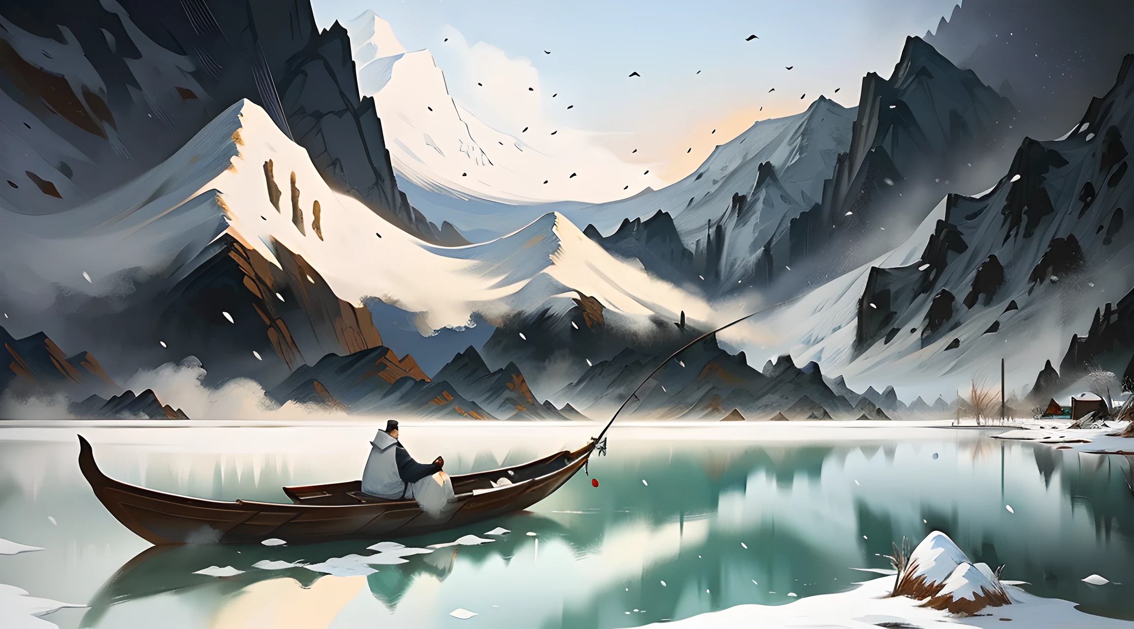 Tradition Chinese Ink Painting，at winter season，1 Chinese elder，Sitting on the boat，(Fishing with a fishing rod:1.1)，Sit by the water，Snow all around，Mountains，The wide lake is calm，in the far, Only hazy silhouettes can be seen on the mountain，Best quality at best，Works of masters，Top art paintings，Full of artistic conception