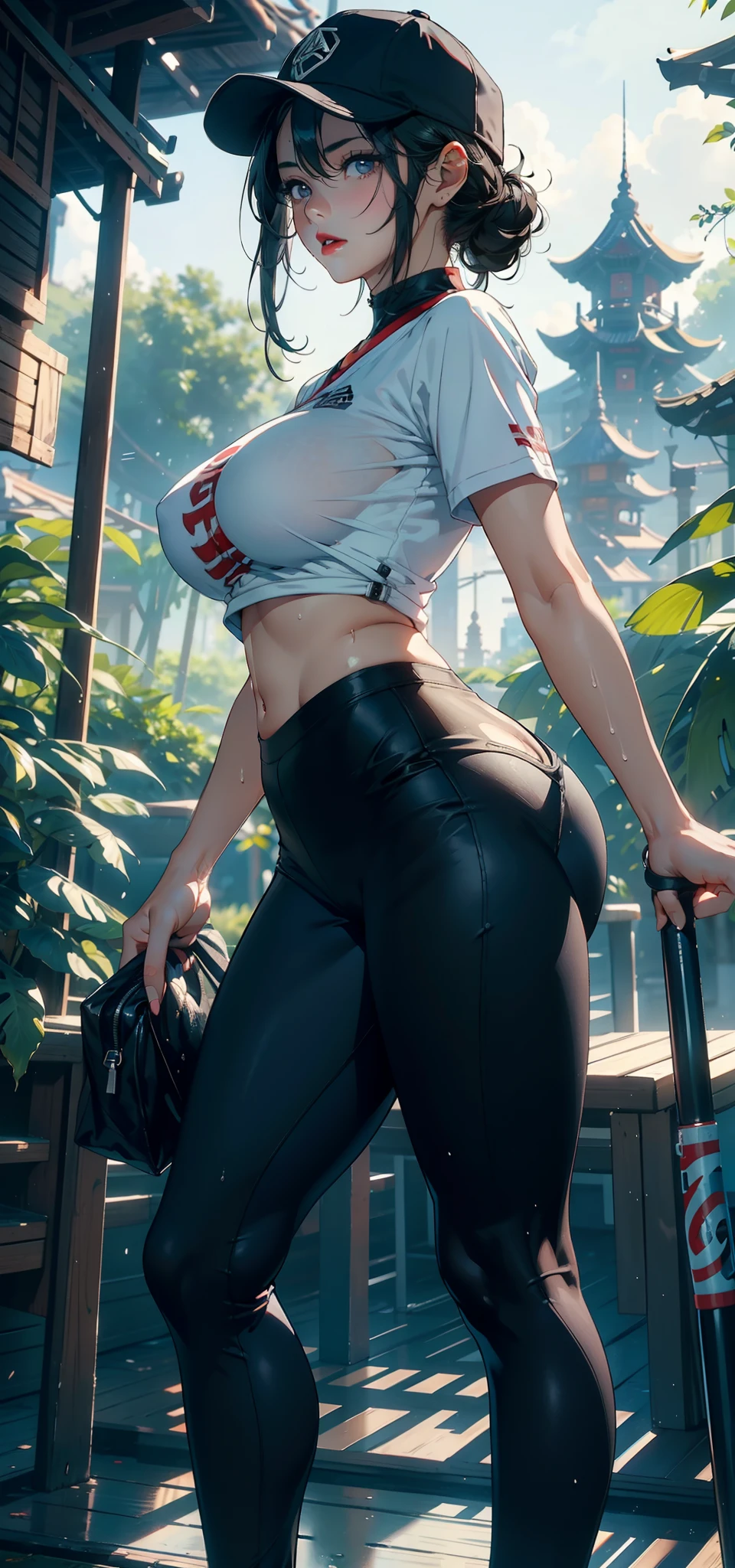 1female,36 years old,熟妇,mature,Bigchest,Big breasts Thin waist,long leges,Raised sexy,Pornographic exposure, 独奏,(Background with:bamboo forrest,clubs) She has very short black hair,standing on your feet,Sweat profusely,drenched all over the body,seen from the front, hair straight, mostly cloudy sky,(((tmasterpiece),(Very detailed CG unity 8K wallpaper),best qualtiy,cinmatic lighting,detailed back ground,beatiful detailed eyes,Bright pupils,(Very fine and beautiful),(Beautiful and detailed eye description),Black eyes,Redlip,ultra - detailed,tmasterpiece,)),facing at camera,(The upper part of the body),A high resolution,ultra - detailed),revealing breasts,Bare genitalia, Bulge,legs are open,sexyposture,Camel toes,Flushed complexion,Open-mouthed,frontage,,(Wearing:baseball cap,White baseball shirt,black colored leggings,athletic sneakers),Full body photo,Show shoes