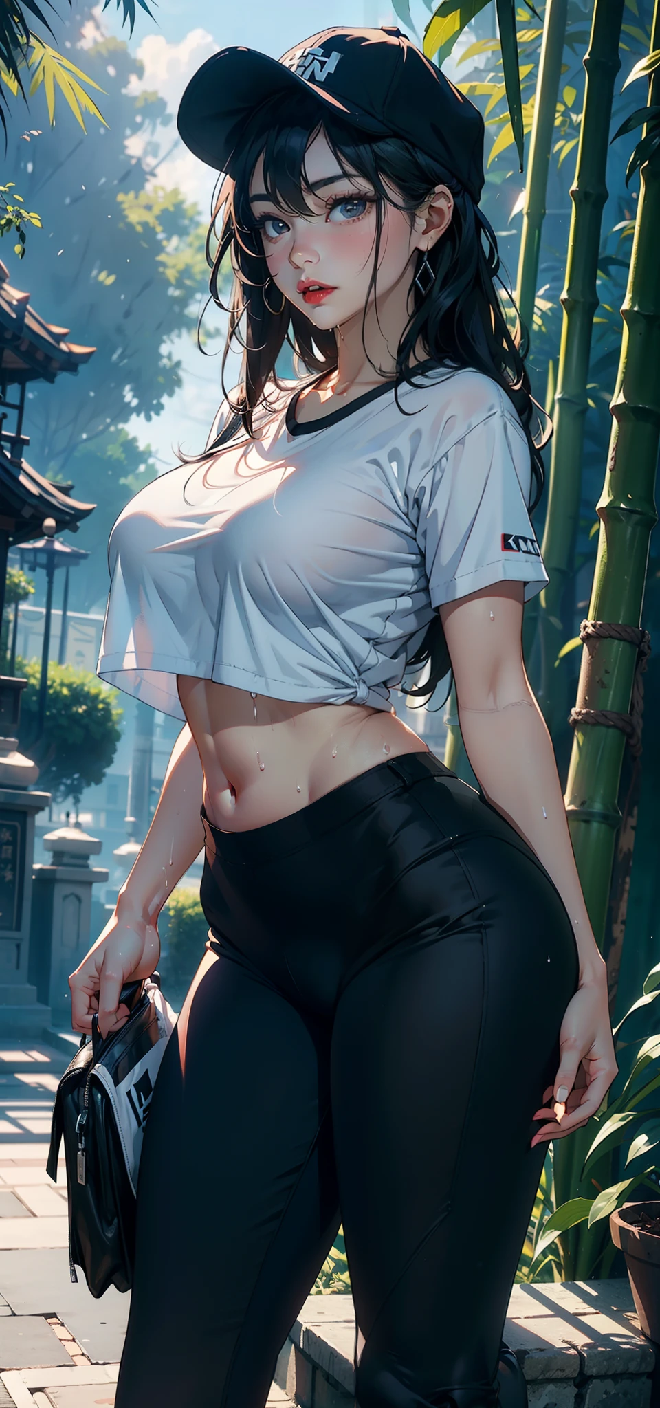 1female,36 years old,??,mature,Bigchest,Big breasts Thin waist,long leges,Raised sexy,Pornographic exposure, 独奏,(Background with:bamboo forrest,clubs) She has very short black hair,standing on your feet,Sweat profusely,drenched all over the body,seen from the front, hair straight, mostly cloudy sky,(((tmasterpiece),(Very detailed CG unity 8K wallpaper),best qualtiy,cinmatic lighting,detailed back ground,beatiful detailed eyes,Bright pupils,(Very fine and beautiful),(Beautiful and detailed eye description),Black eyes,Redlip,ultra - detailed,tmasterpiece,)),facing at camera,(The upper part of the body),A high resolution,ultra - detailed),revealing breasts,Bare genitalia, Bulge,legs are open,sexyposture,Camel toes,Flushed complexion,Open-mouthed,frontage,elementary student,(Wearing:baseball cap,White baseball shirt,black colored leggings,athletic sneakers),Full body photo,Show shoes