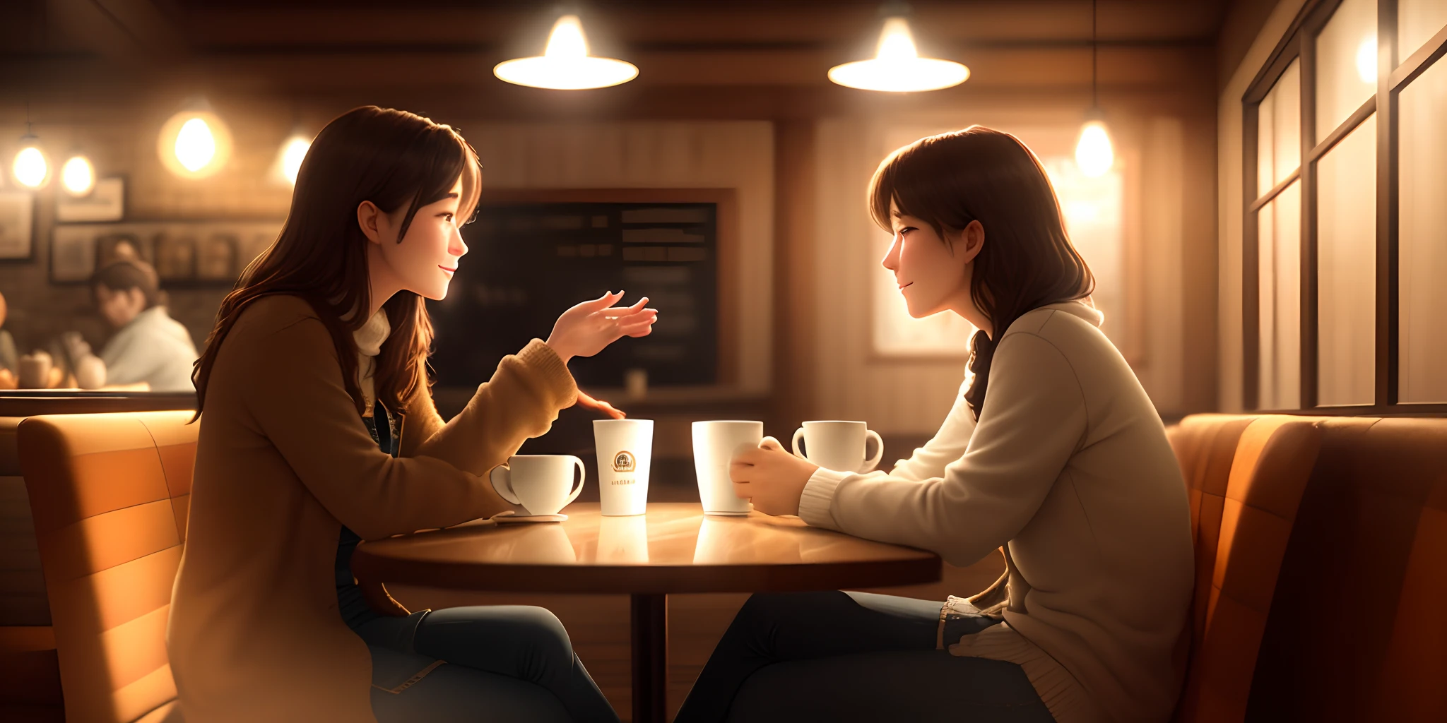 A cozy coffee shop with a warm ambiance, soft lighting, and two people sitting across from each other